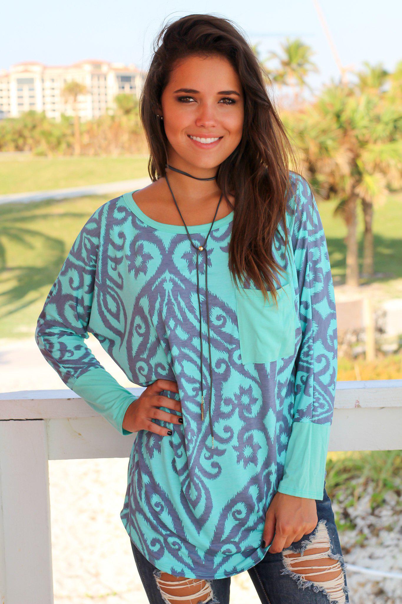 Adorable Mint and Gray Printed Pocket Dolman Top
