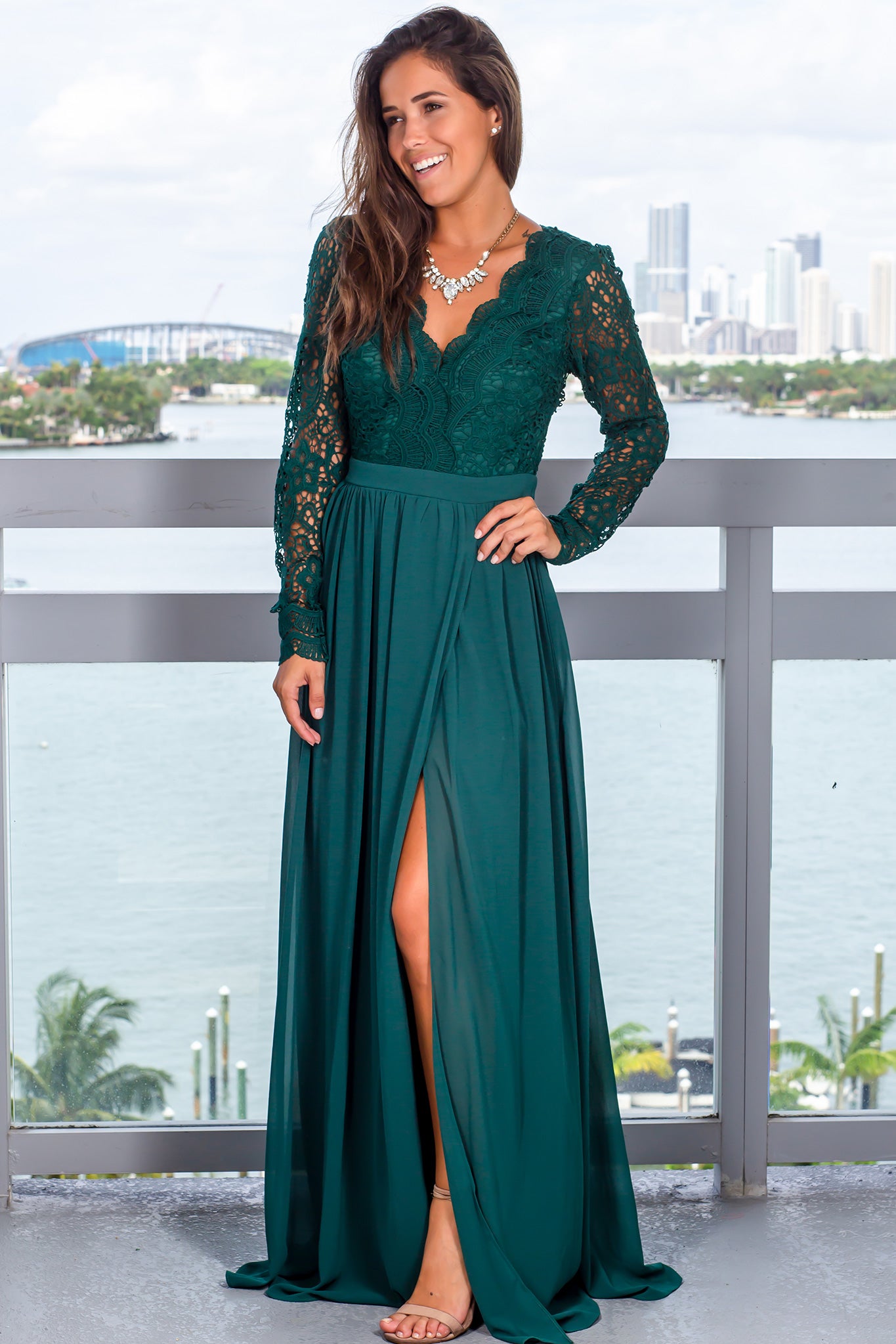 Elegant Hunter Green Women's Long - Sleeved Maxi Dress for Formal Occasions