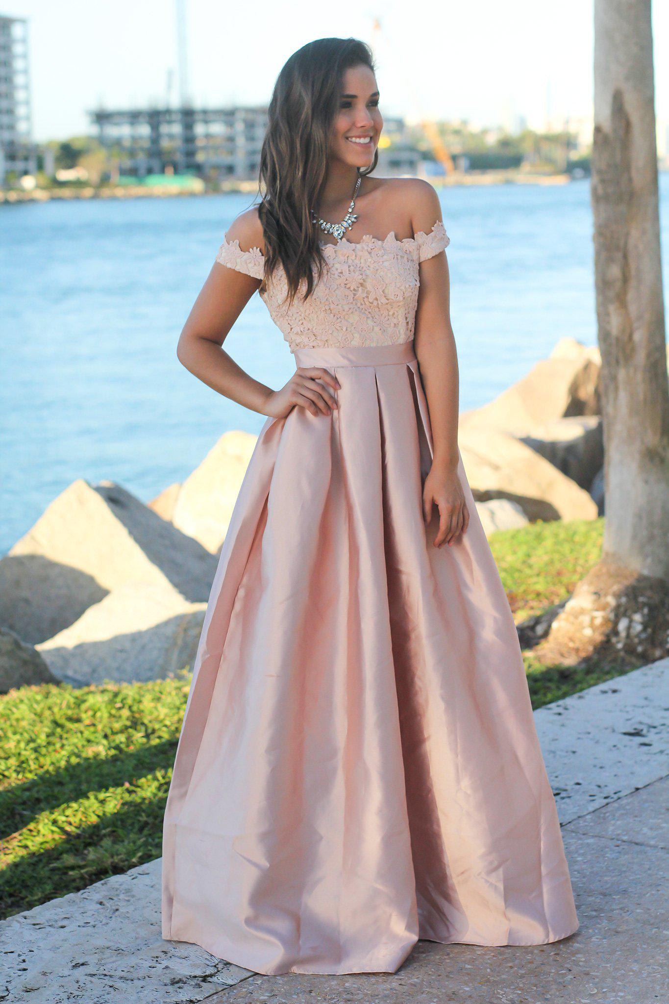 Elegant Blush and Cream Off-Shoulder Crochet Top Maxi Dress for Special Occasions