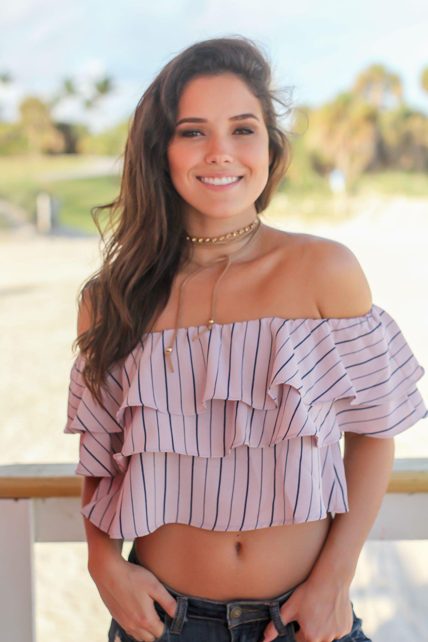 Stylish Mauve and Navy Striped Off - Shoulder Ruffled Crop Top