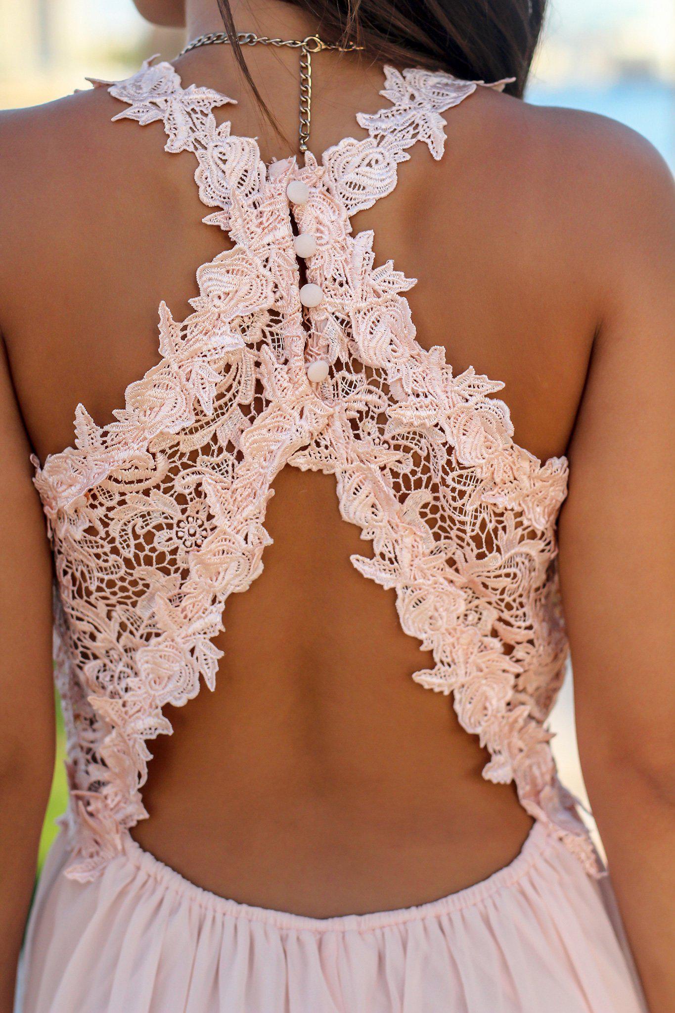 Stylish Blush Maxi Dress with Crochet Cut - Out High - Low Design