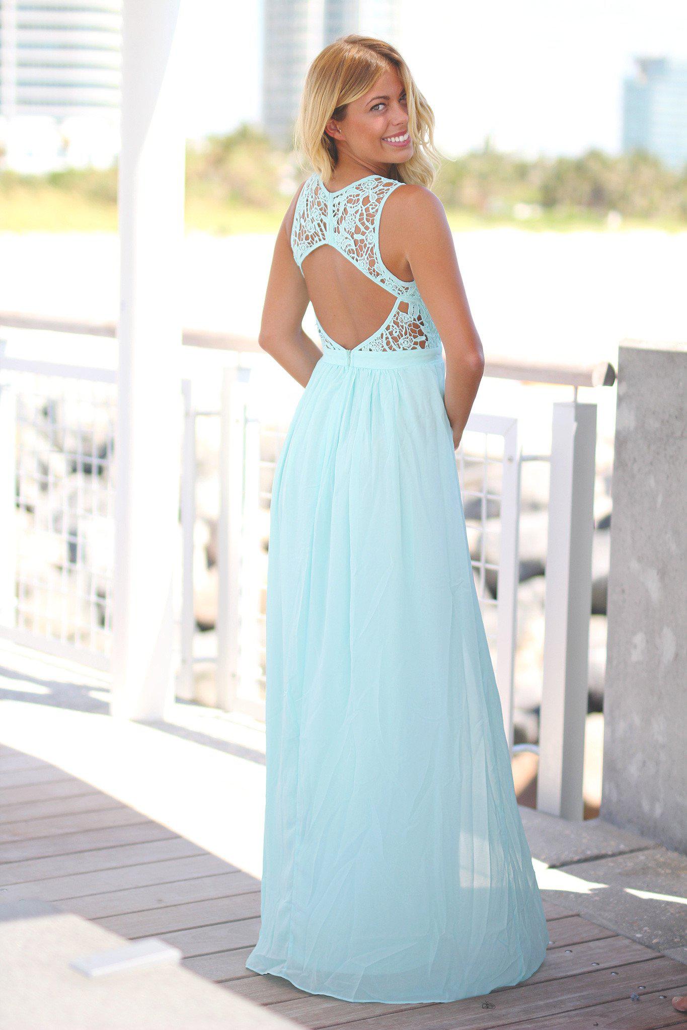 Stunning Mint Green Crochet Style Open-Back Long Maxi Dress for Evening Wear