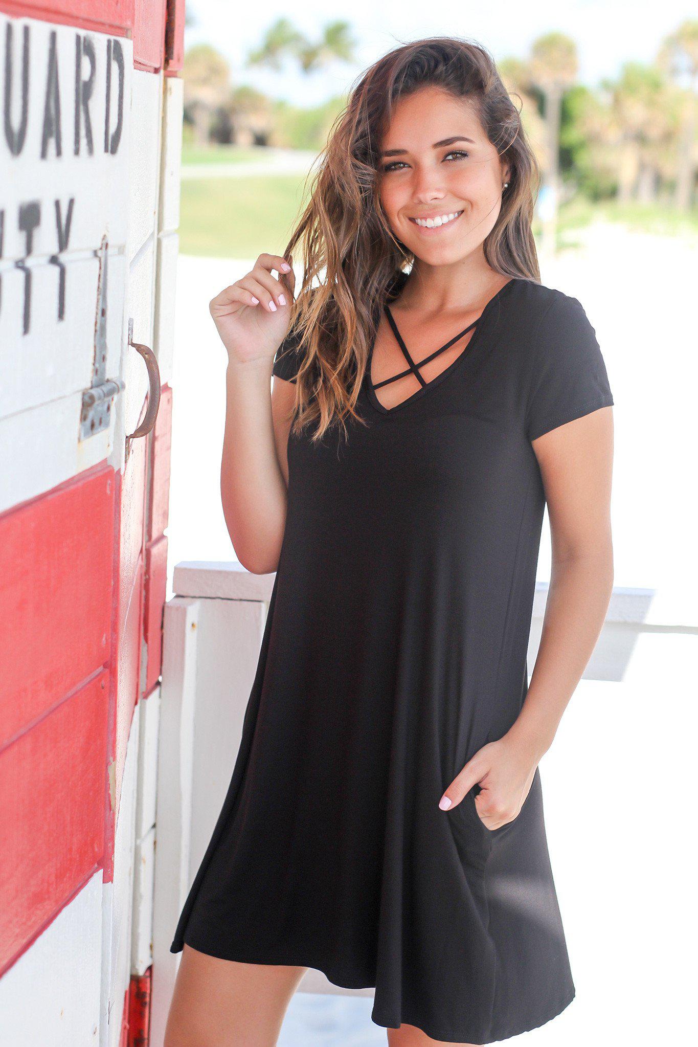 Stylish Black Short Sleeve Criss Cross Mini Dress for Women