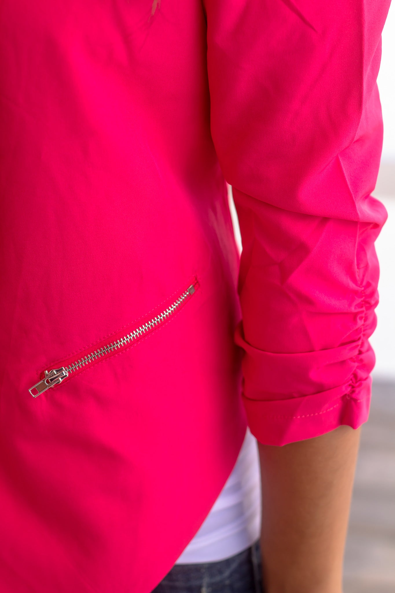 Zipper Pockets Hot Pink Lightweight Blazer for Stylish Look