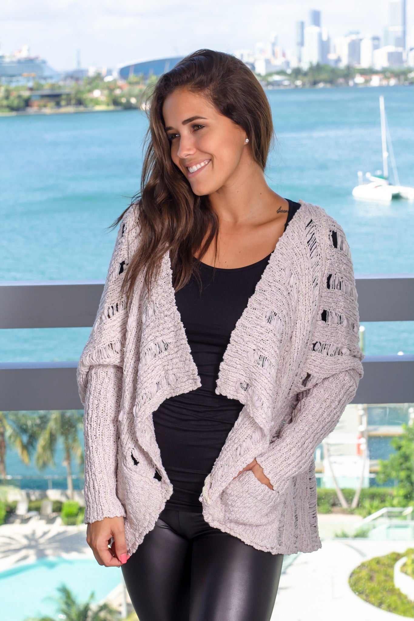 Cozy Mauve Long - Sleeved Open Knit Cardigan for All Seasons