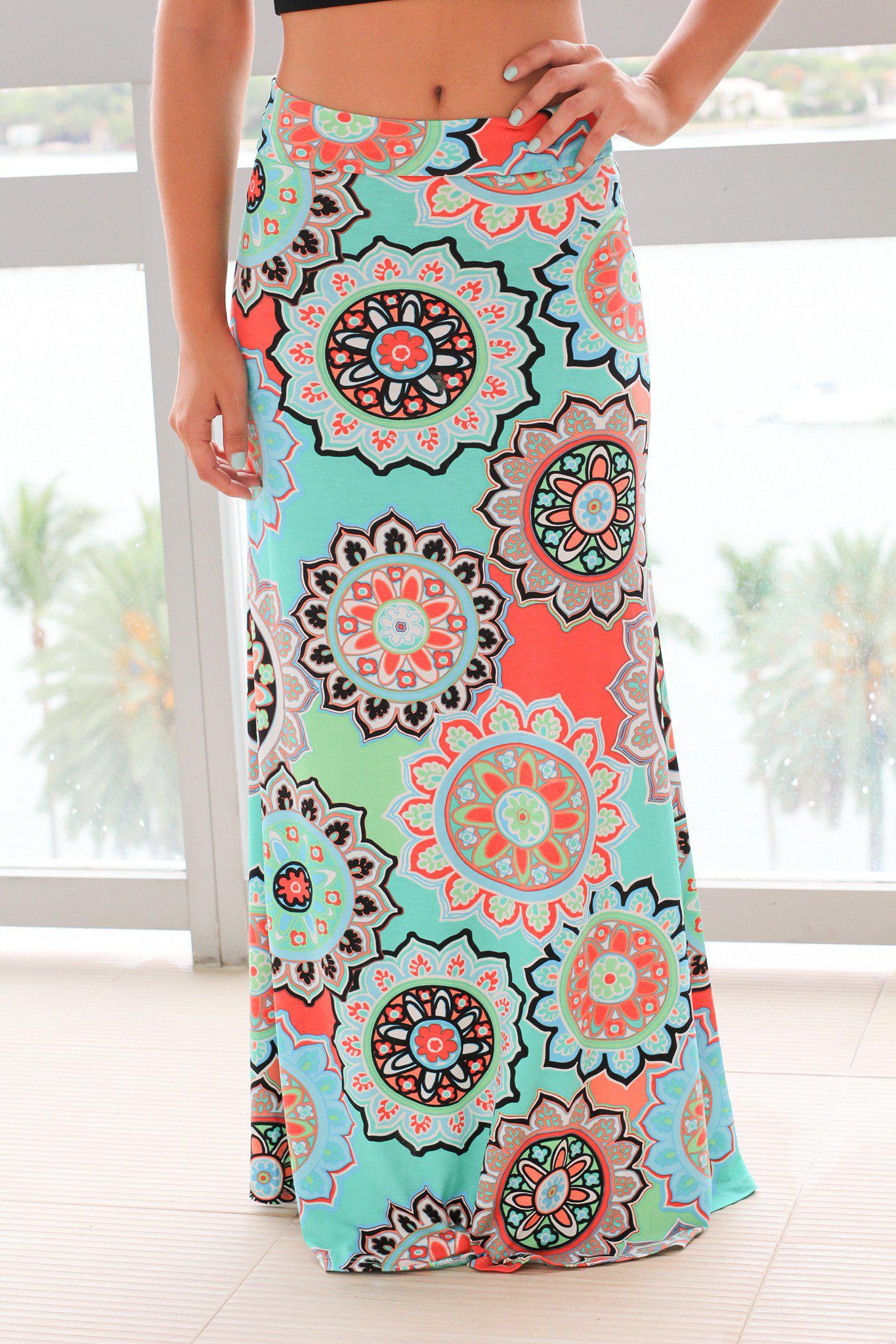 Summer Mint and Coral Medallion Printed Stretchy Maxi Skirt