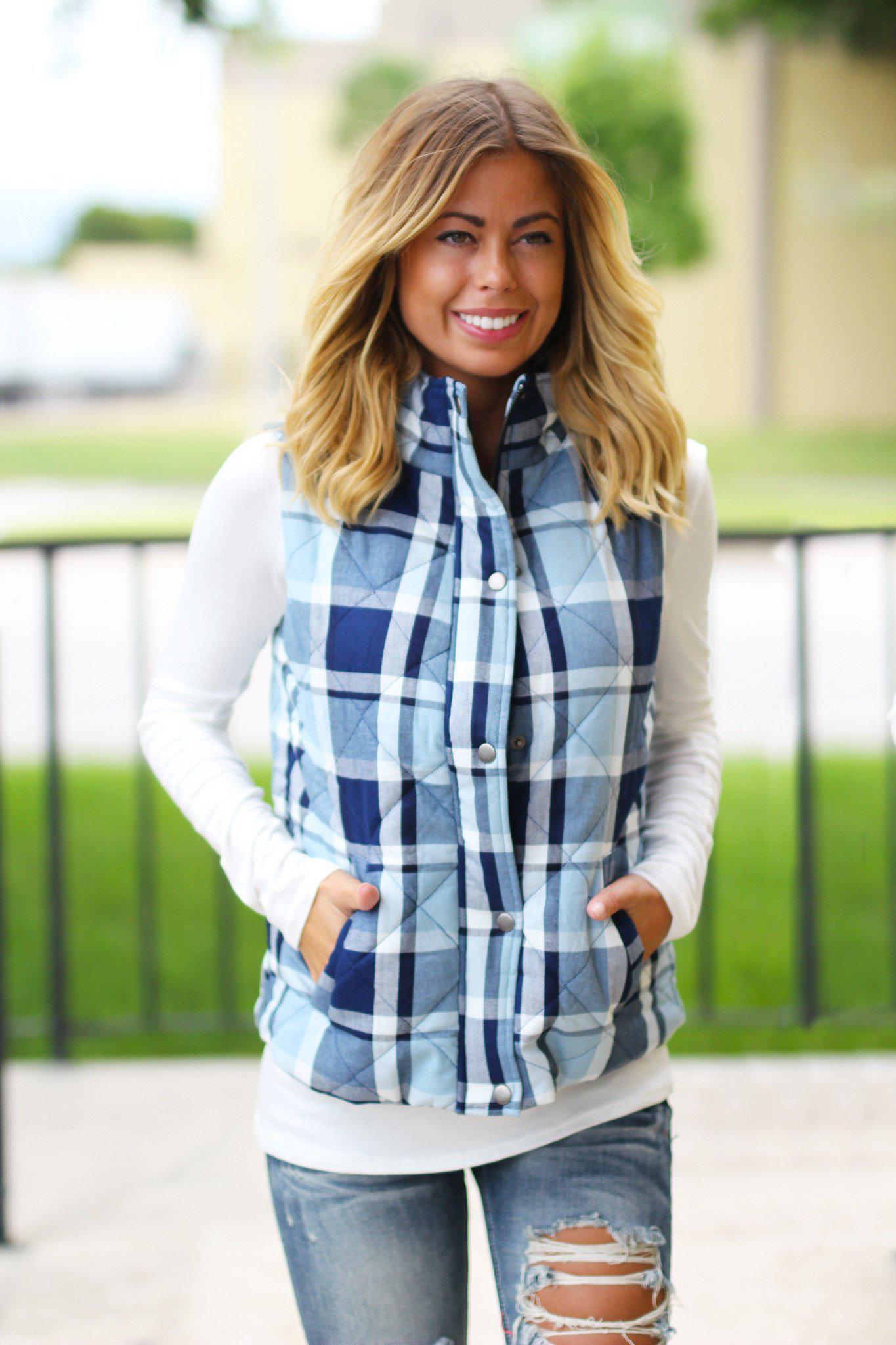 Stylish Blue Plaid Cotton Vest for Fall/Winter with Convenient Front Pockets