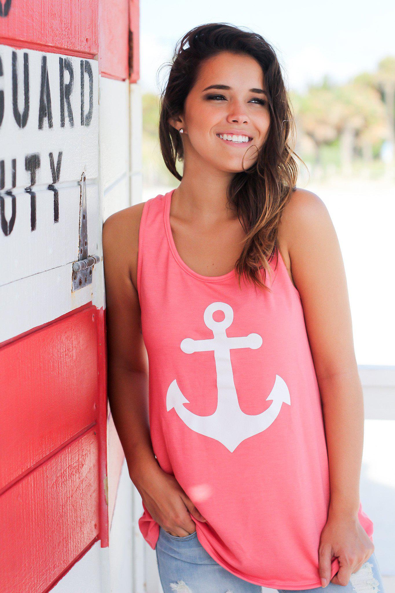 Stylish Coral Racerback Anchor Women's Tank Top for Spring and Summer