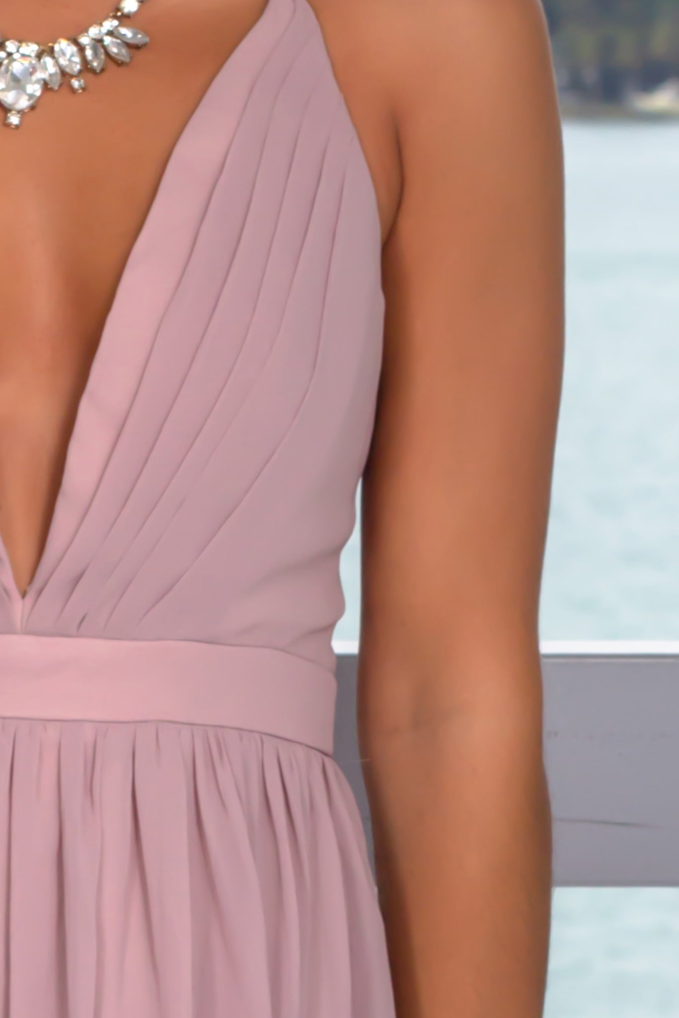 Elegant Women's Mauve Maxi Dress with Pleated Upper Part and Criss Cross Back Design
