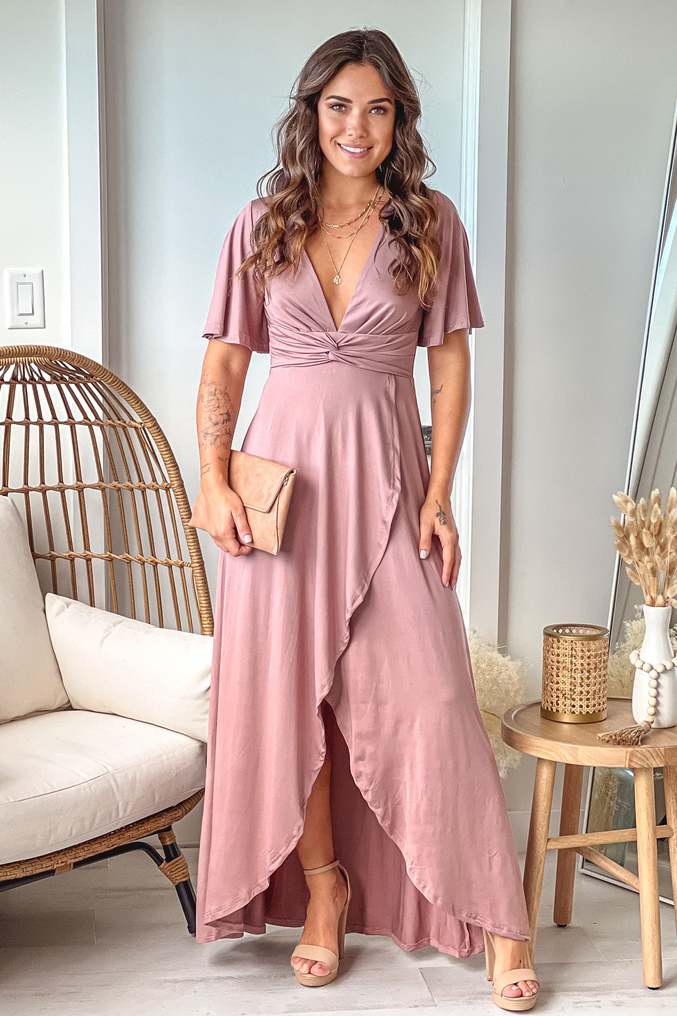 Charming Blush-Colored High Low Style Dress with Short Bell Sleeves and Waist Twist Detail