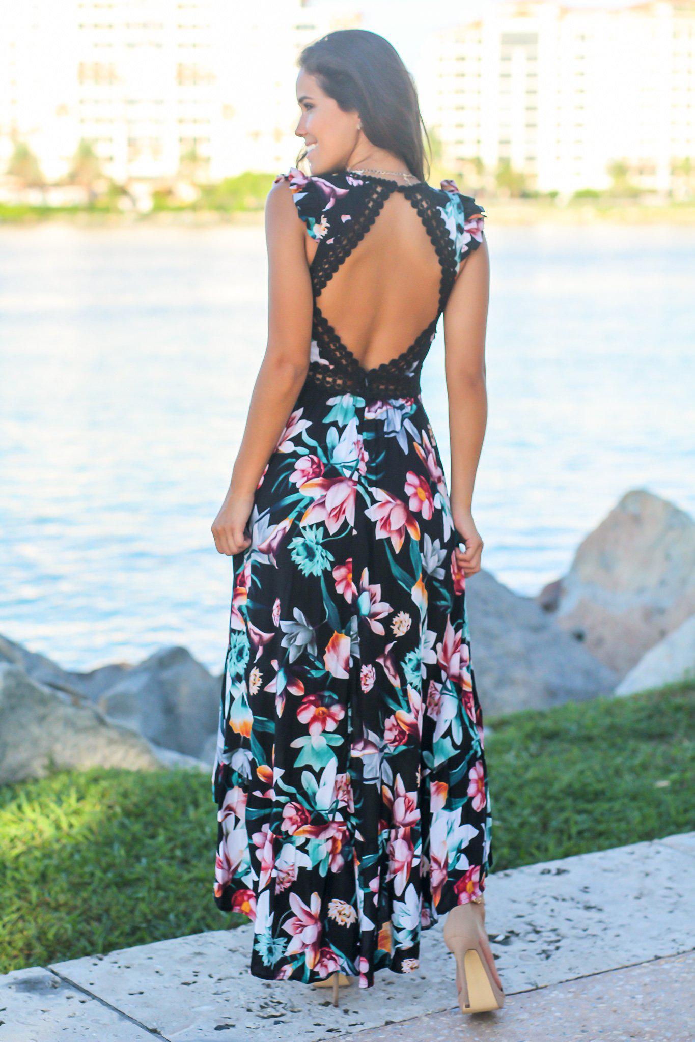 Stunning Black Floral High Low Women's Dress Featuring Crochet Open Back Design