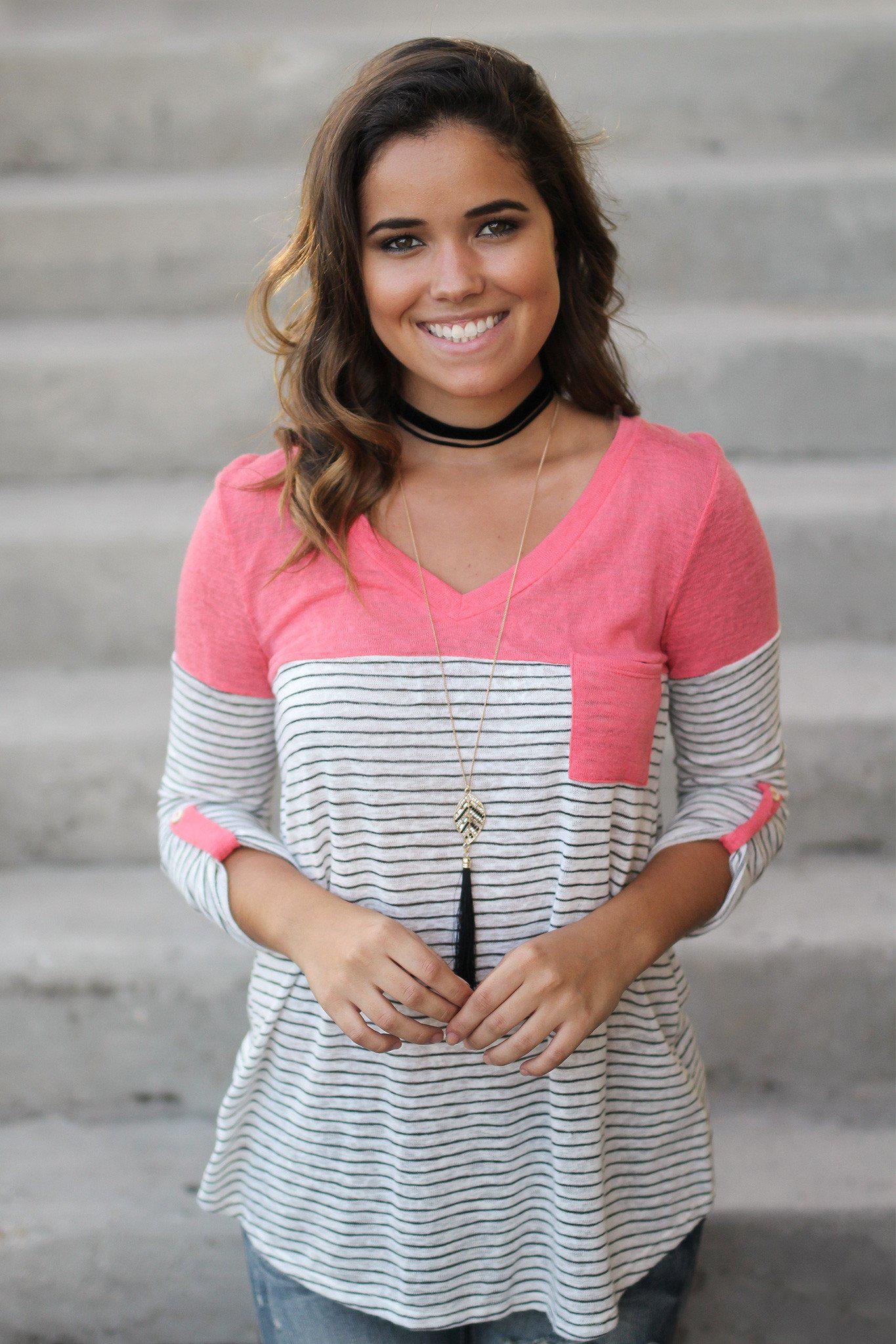 Stylish Women's Coral Striped Casual Top with a Convenient Front Pocket
