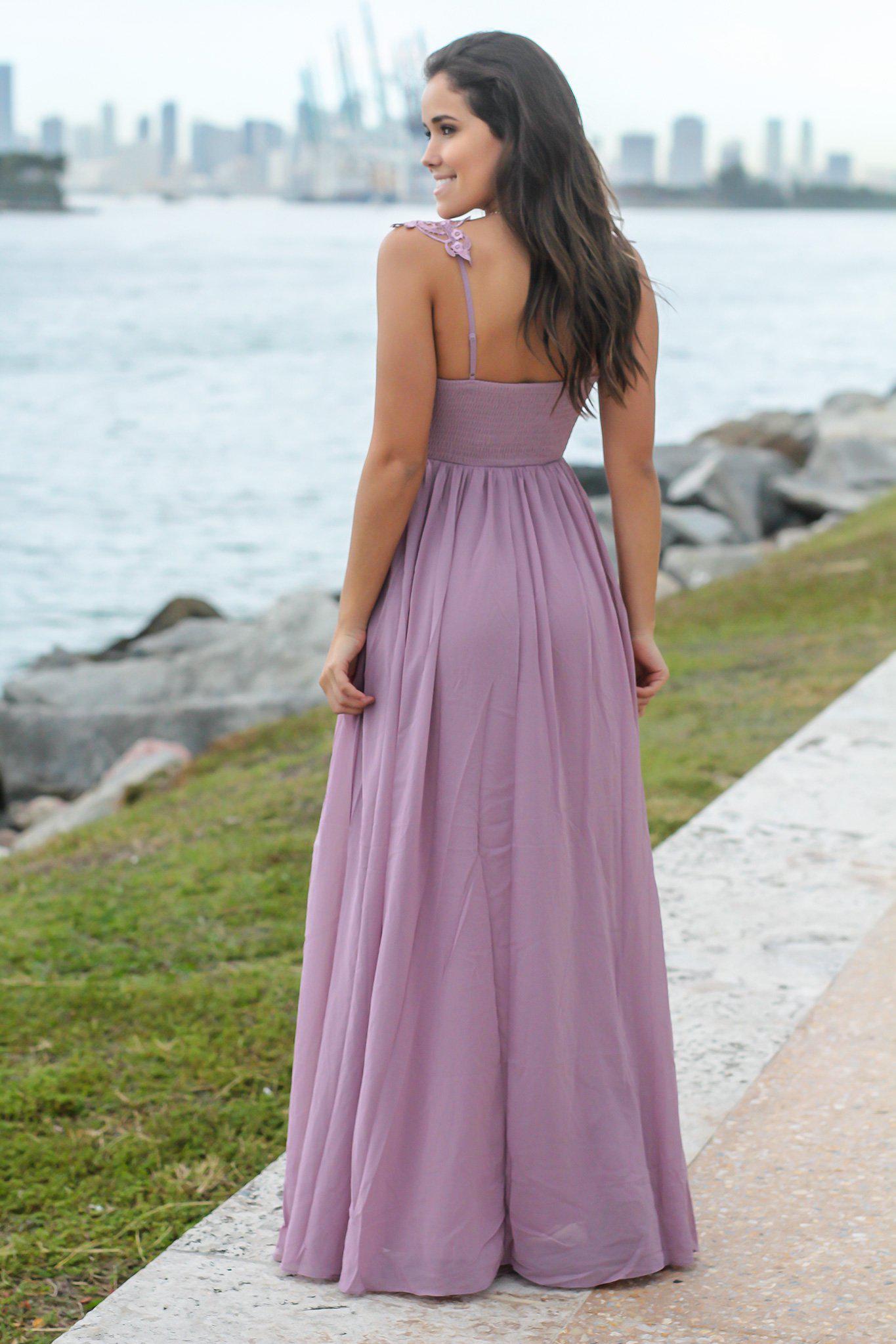 Gorgeous Mauve Women's Maxi Dress Featuring Pleated Top and Intricate Crochet Detail