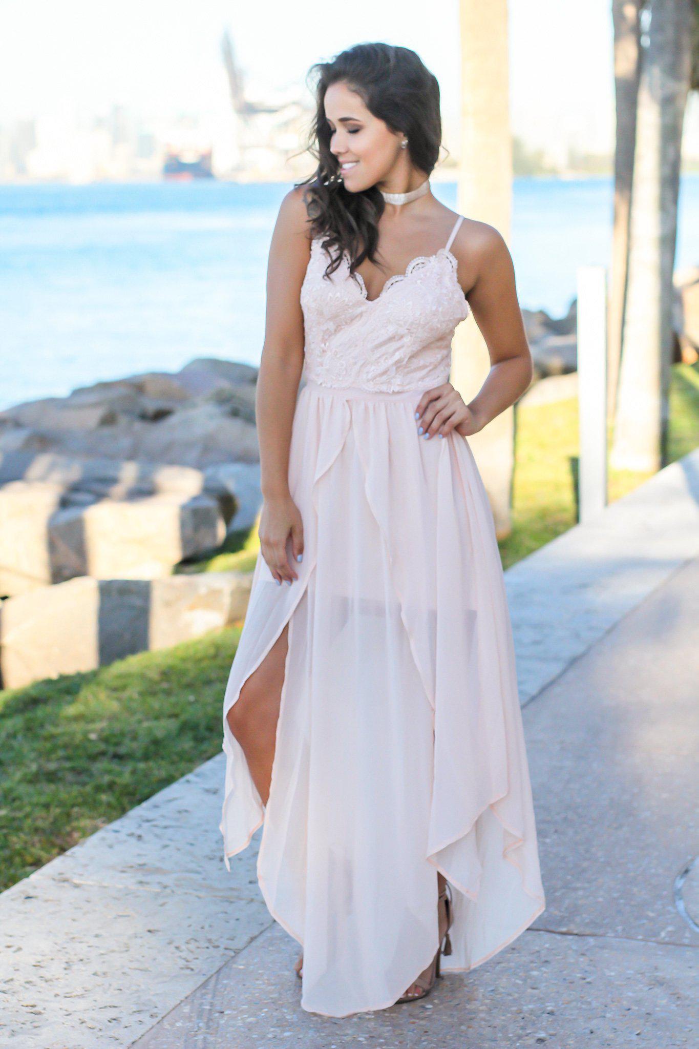 Blush Sleeveless Crochet Top Maxi Dress with Open Back and Side Slits