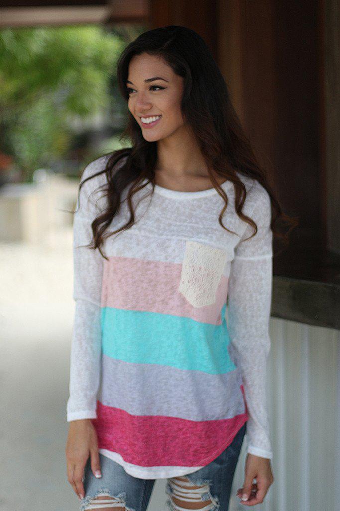 Adorable Coral, Mint & Lavender Long Sleeve Top with Crochet Pocket