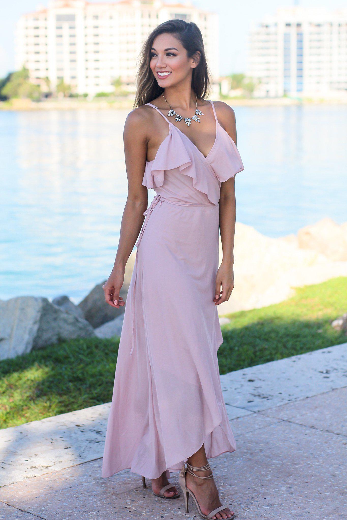 Elegant Blush-Colored High Low Wrap Dress with Ruffles for Special Occasions