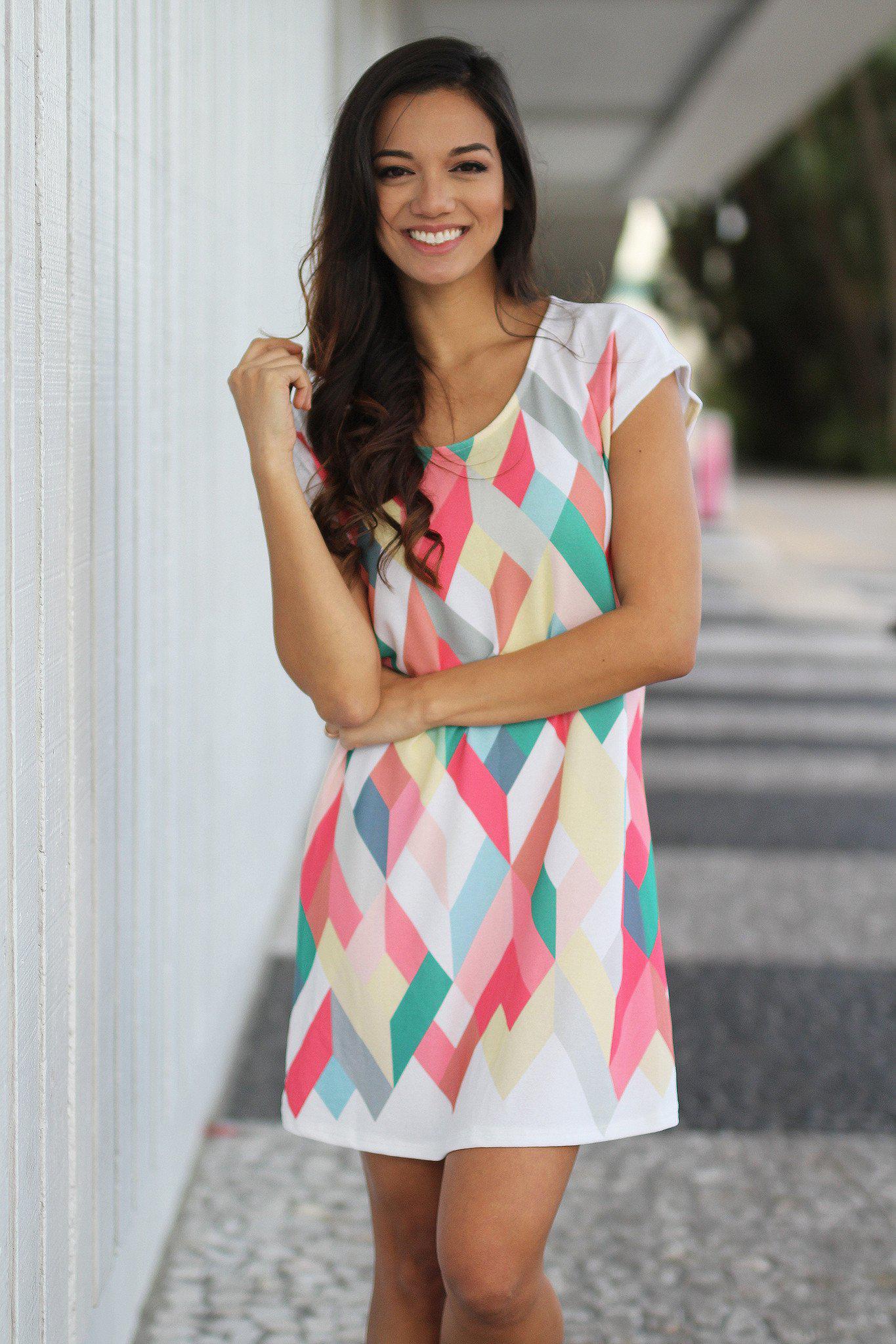 Stylish Coral Geometric Women's Short Dress for Fashionable Outfits
