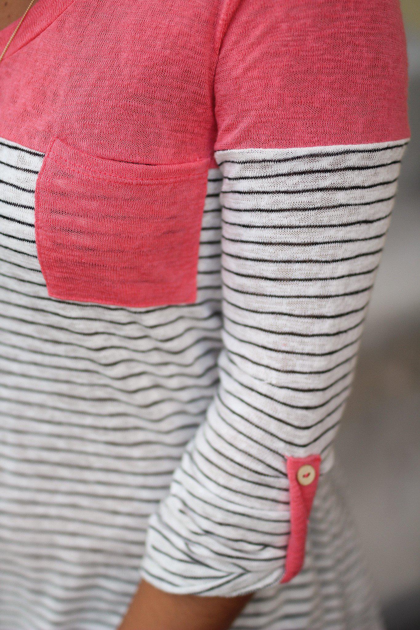Stylish Women's Coral Striped Casual Top with a Convenient Front Pocket