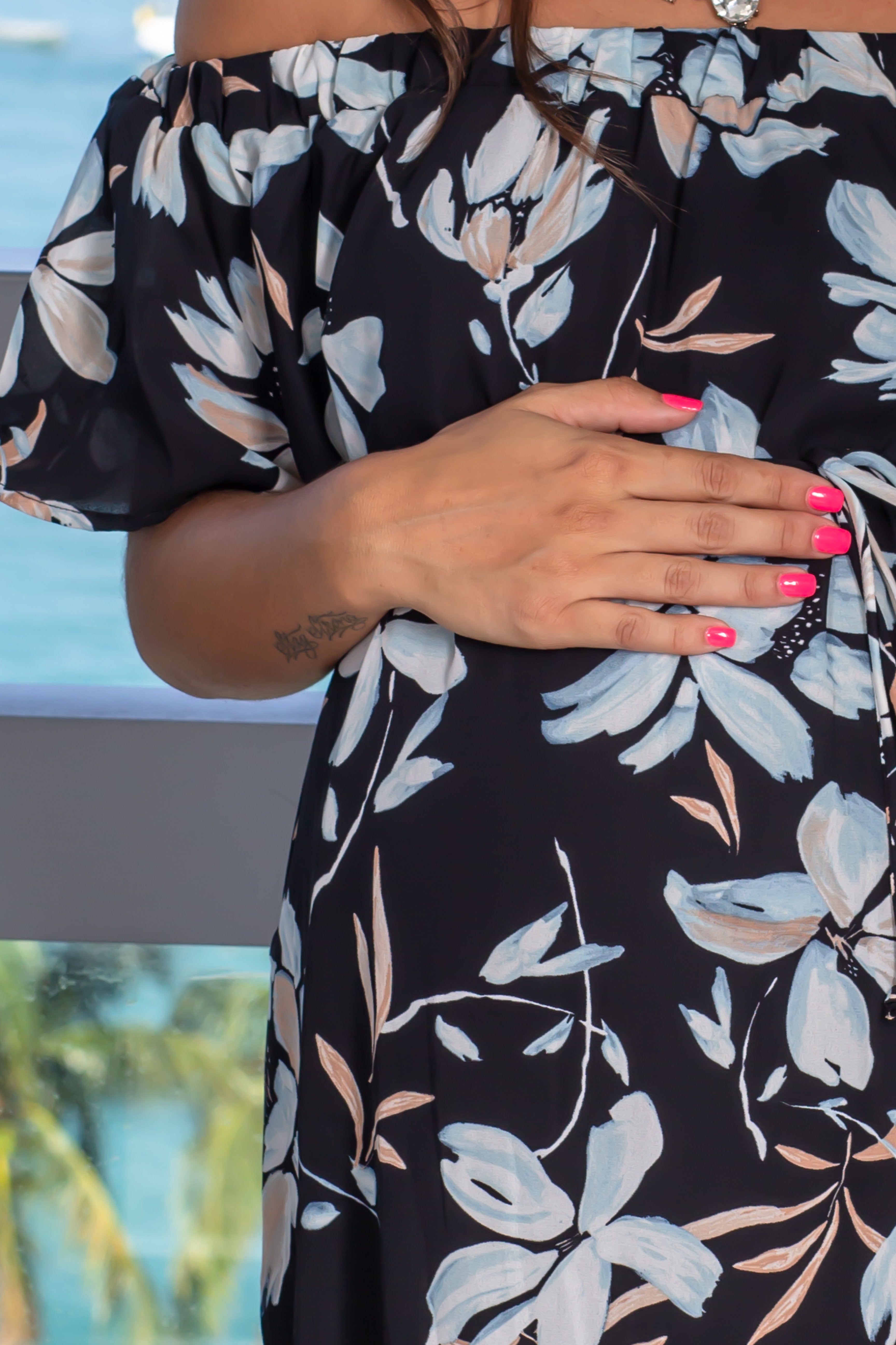 Stylish Women's Black Floral Off-the-Shoulder Short Dress Featuring a Tie Waist