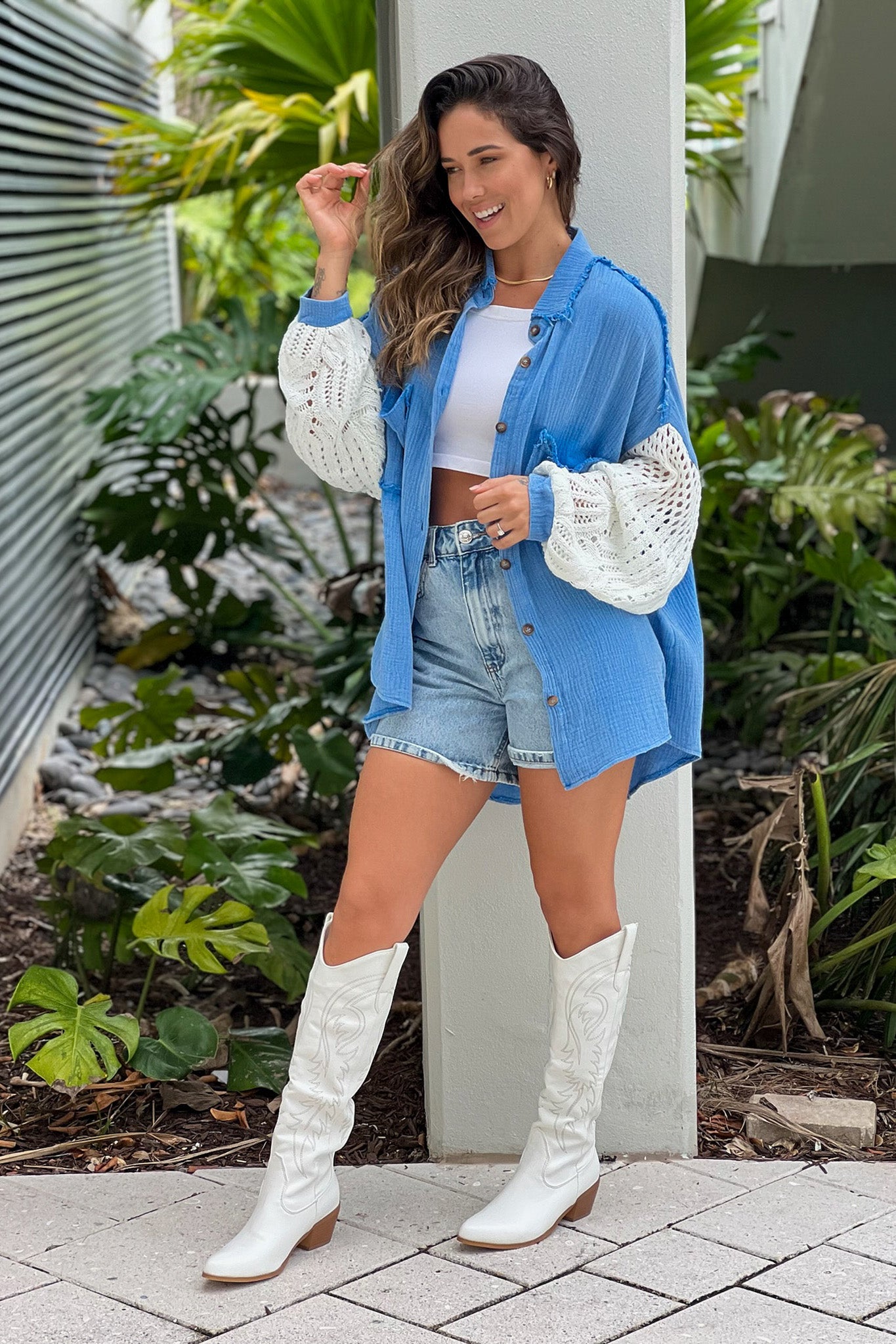 Stylish Blue Oversized Crochet-Sleeved Button-Down Shirt