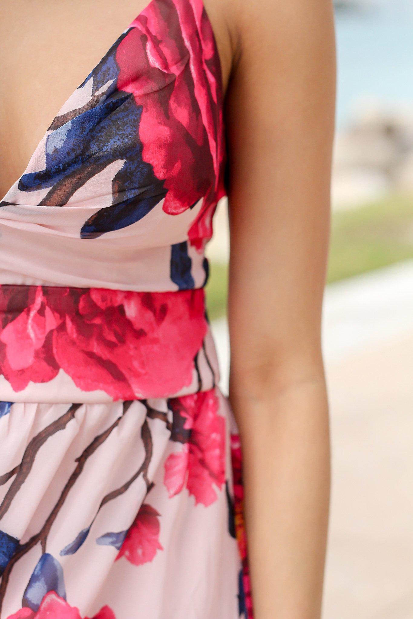 Gorgeous Blush, Fuchsia Floral Maxi Dress with Stylish Criss Cross Back