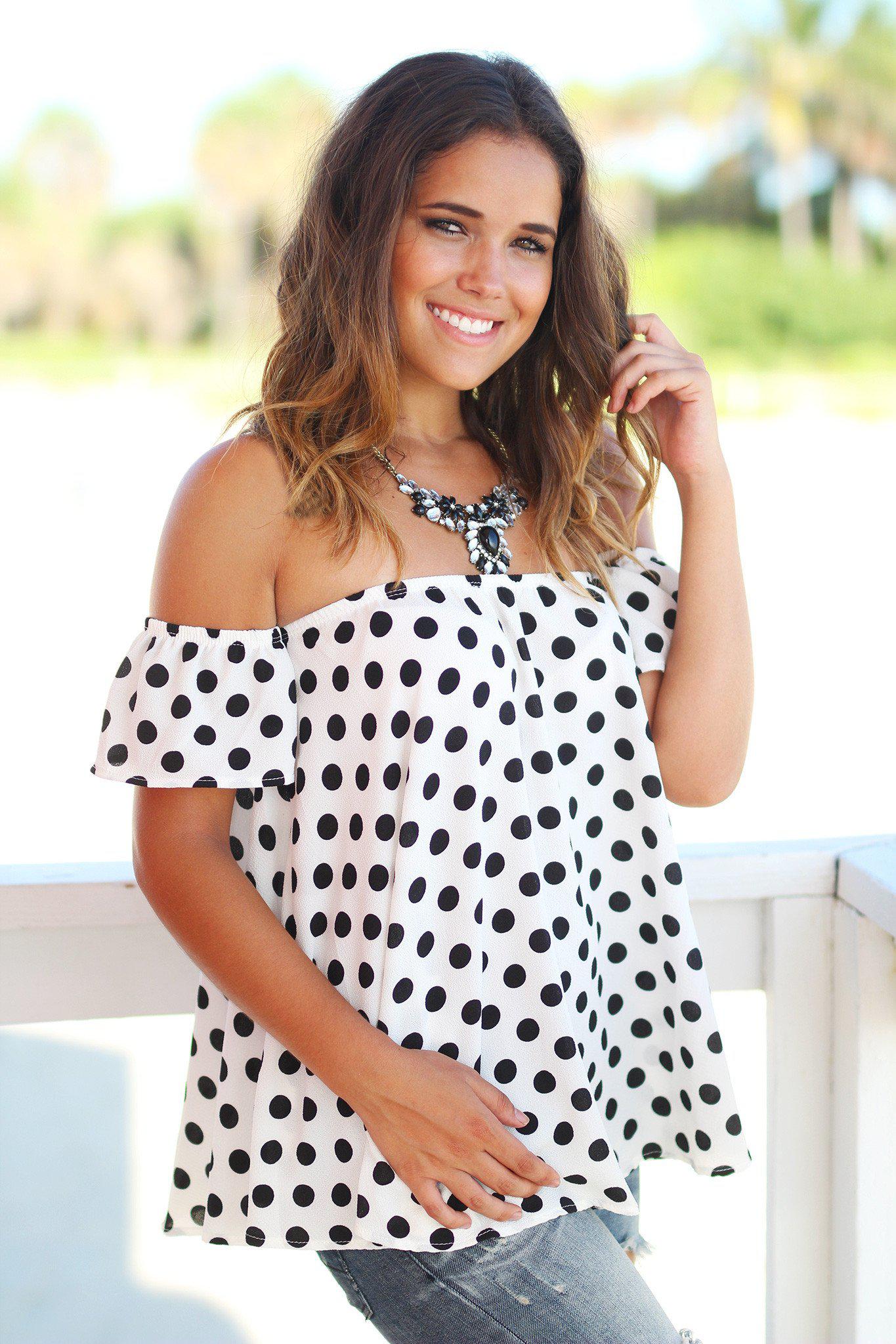 Stylish Ivory and Black Polka Dot Off-Shoulder Short-Sleeved Top