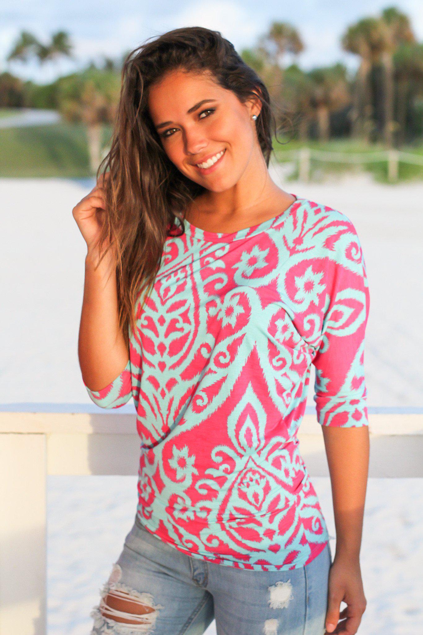 Fashionable Mint and Fuchsia Printed Women's Dolman Style Casual Top