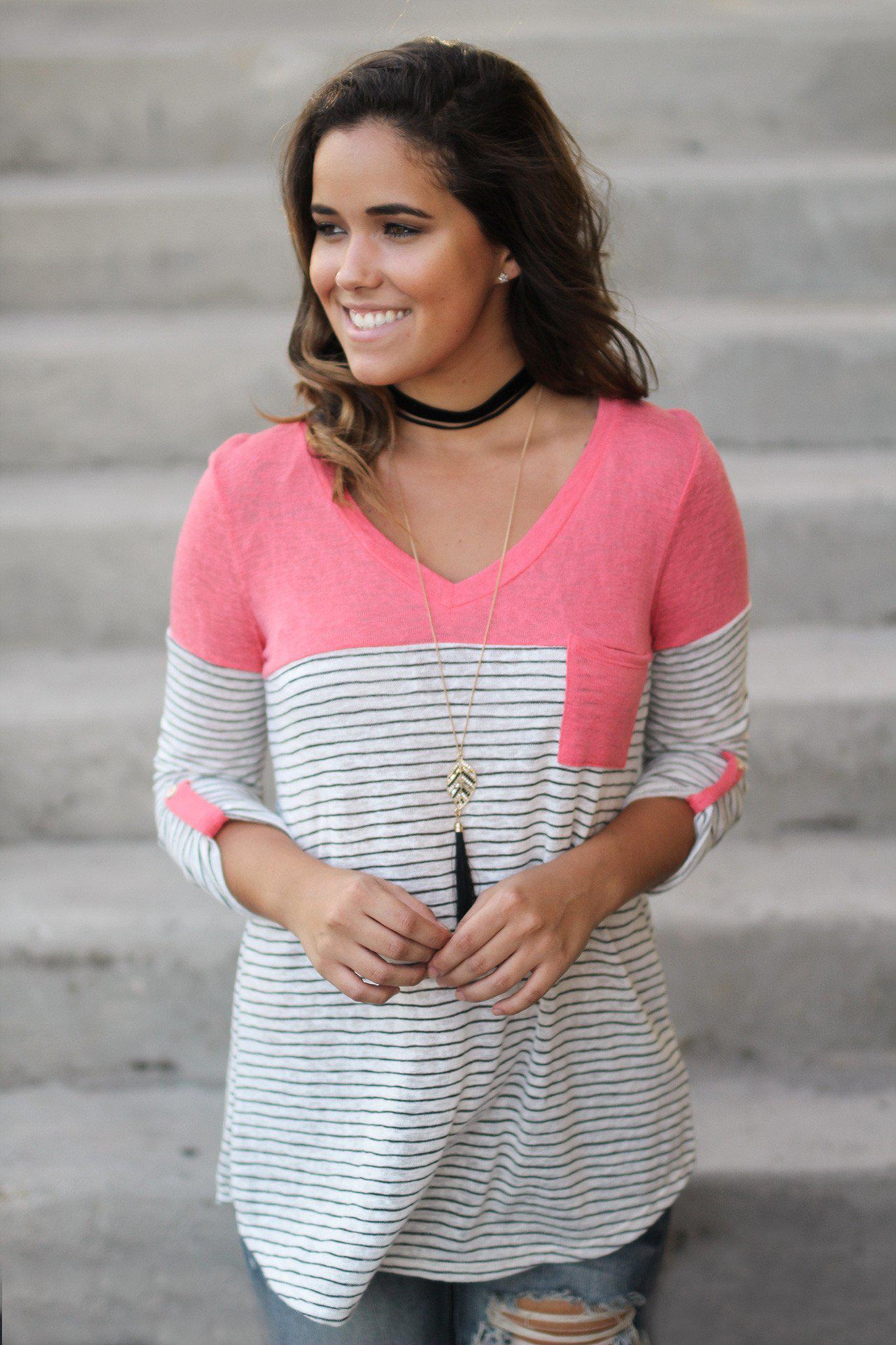 Stylish Women's Coral Striped Casual Top with a Convenient Front Pocket