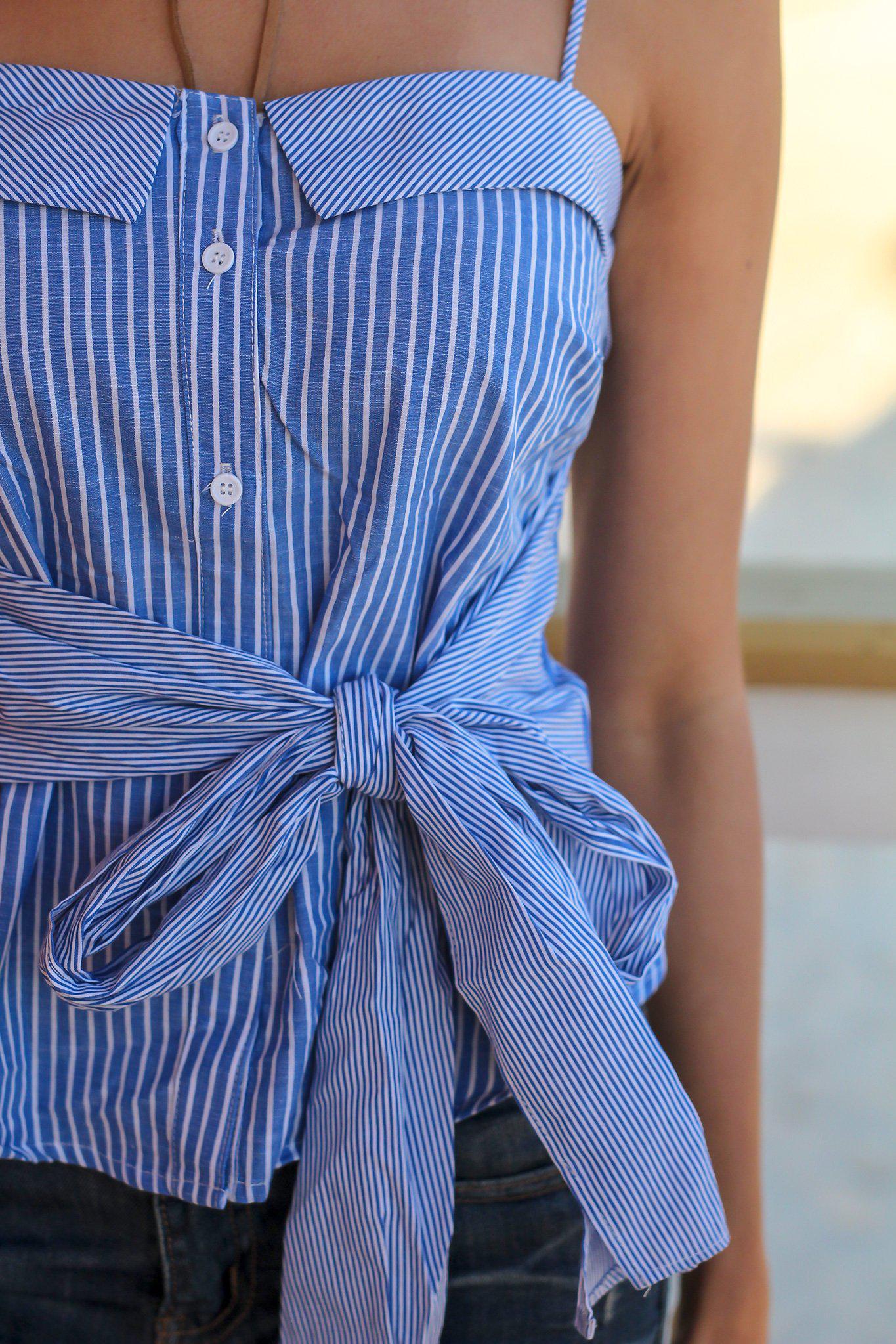 Stylish Blue Striped Sleeveless Button-Down Top with Self-Tie Front