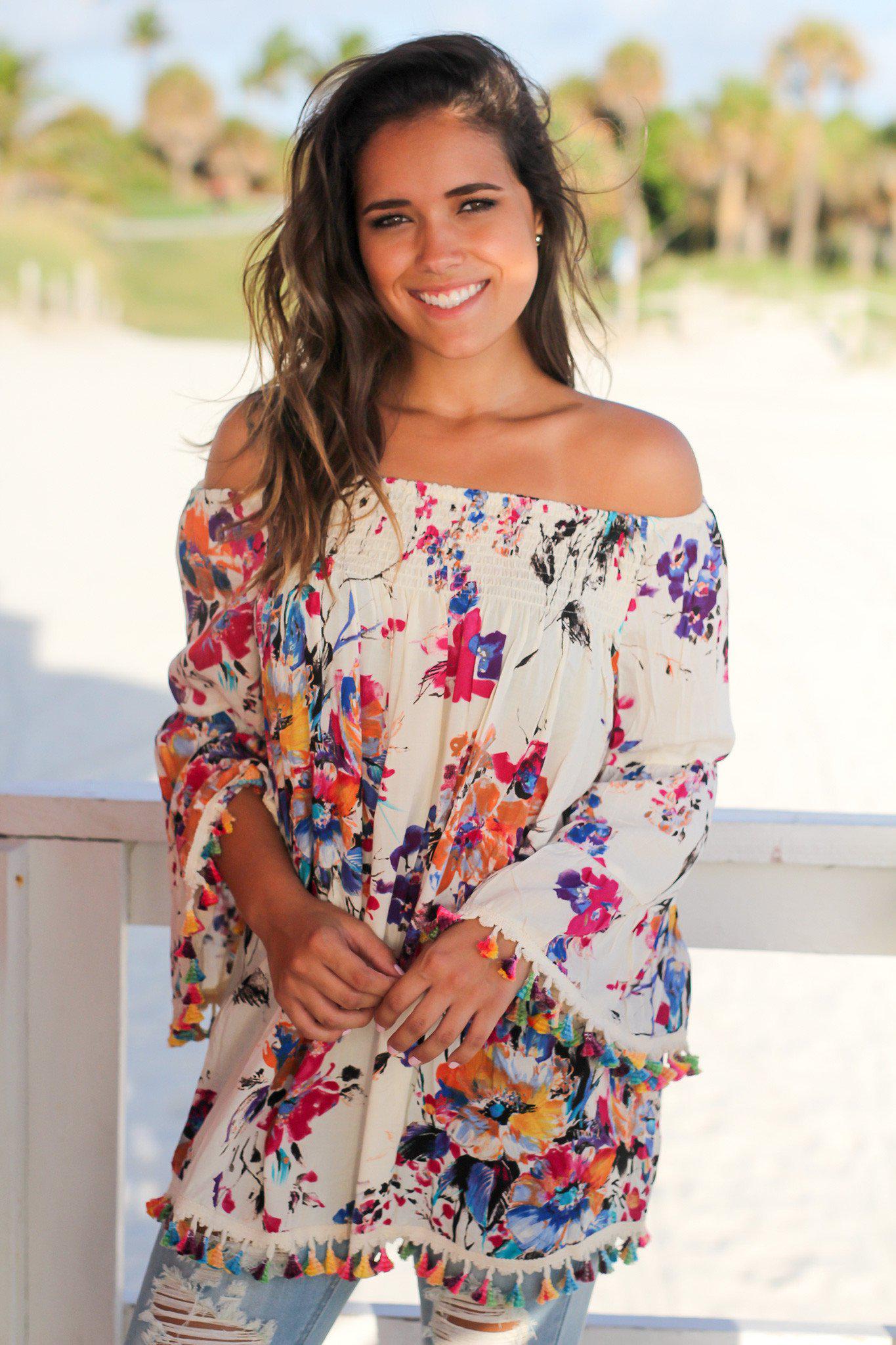 Charming Cream Floral Off-the-Shoulder Women's Blouse with Tassel Decorations