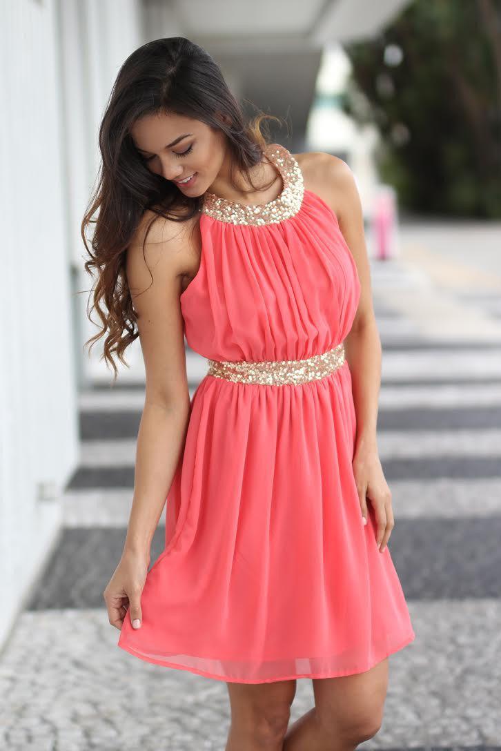 Stunning Coral and Golden Sequin Party Dress for Women