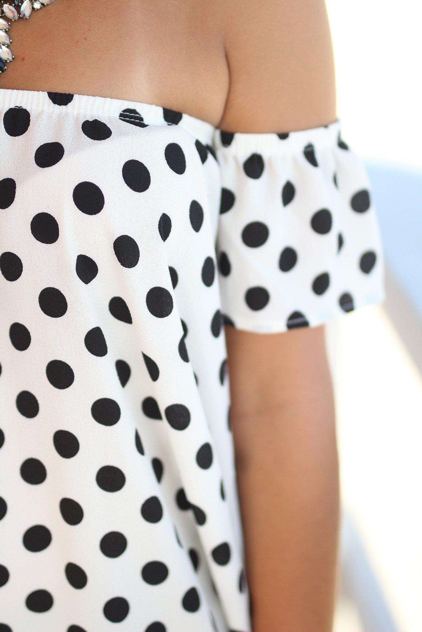Stylish Ivory and Black Polka Dot Off-Shoulder Short-Sleeved Top