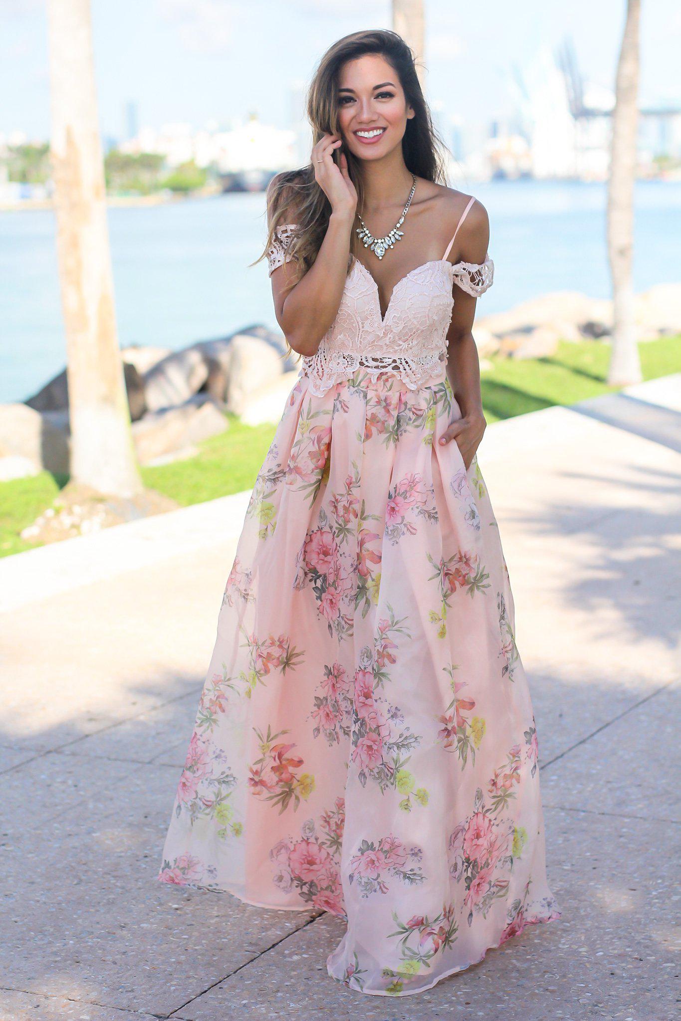 Elegant Blush-Colored Crochet Top Floral-Printed Women's Maxi Dress