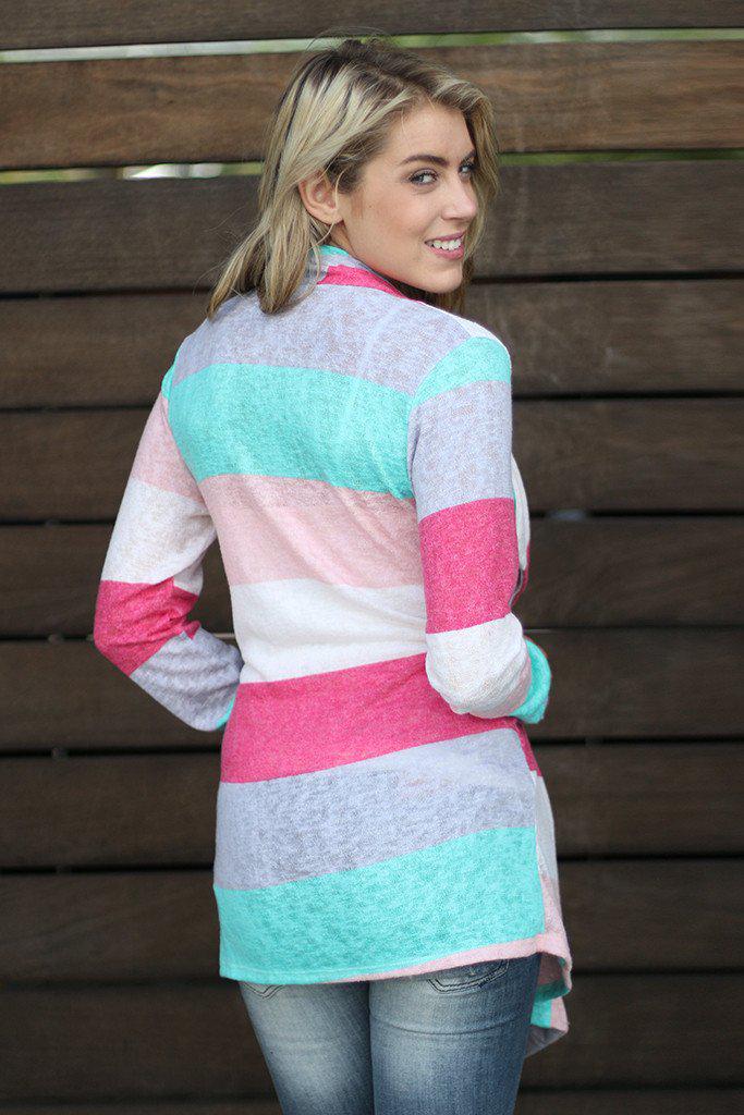 Stylish Mint and Coral Color Block Women's Cardigan for Everyday Wear