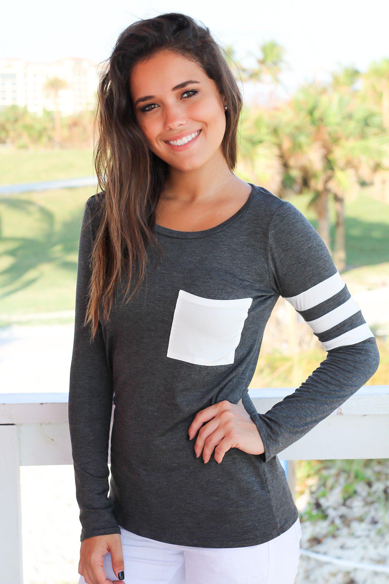 Casual Charcoal Women's Top with Stylish Pocket