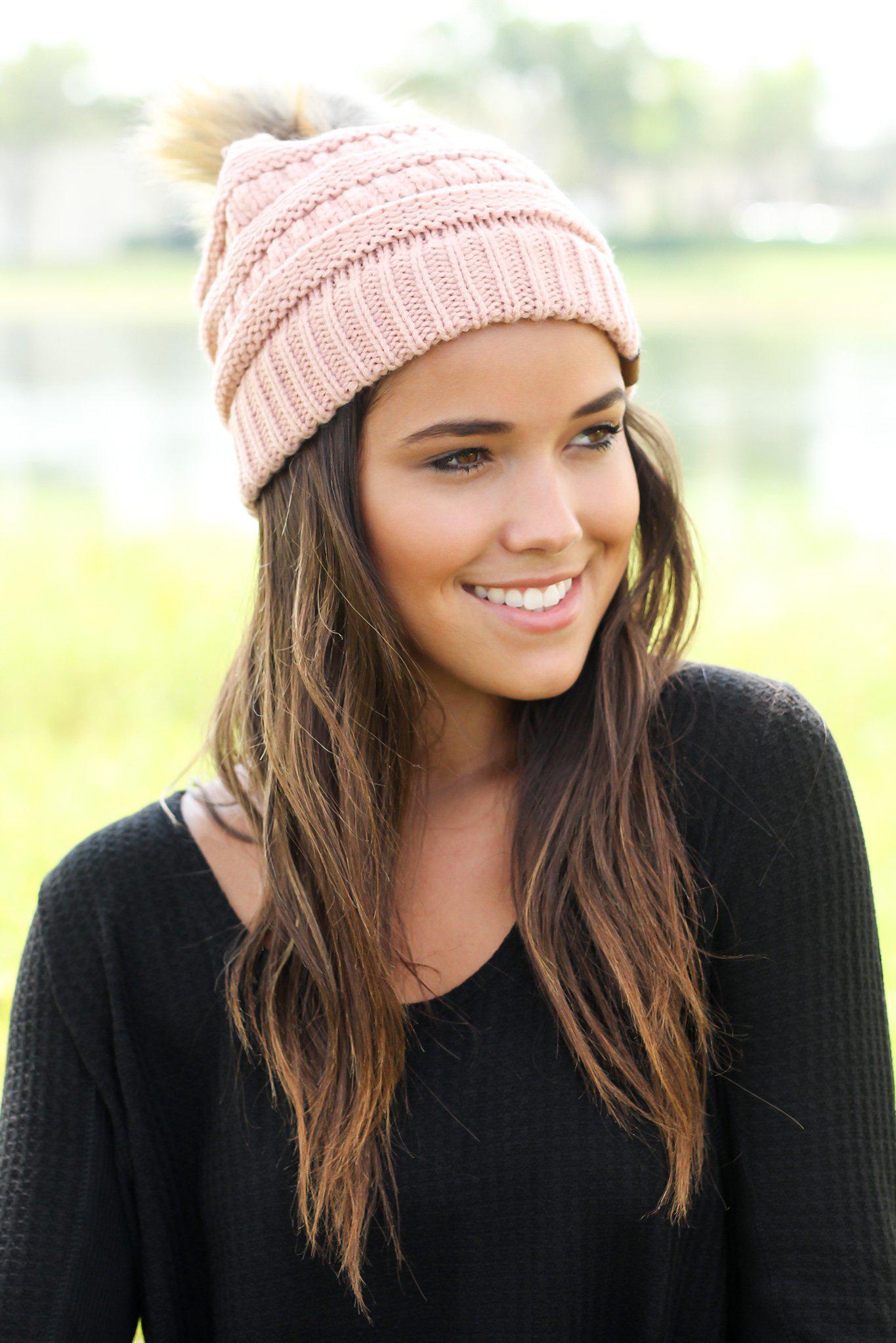 Indian Pink Hand - Knitted Fashionable Beanie Hat with a Cute Pom - Pom