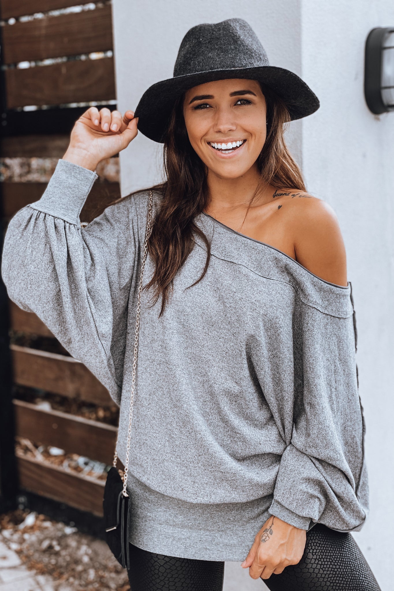 Adorable Heather Gray Off-Shoulder Tunic with Wide Puffed Sleeves