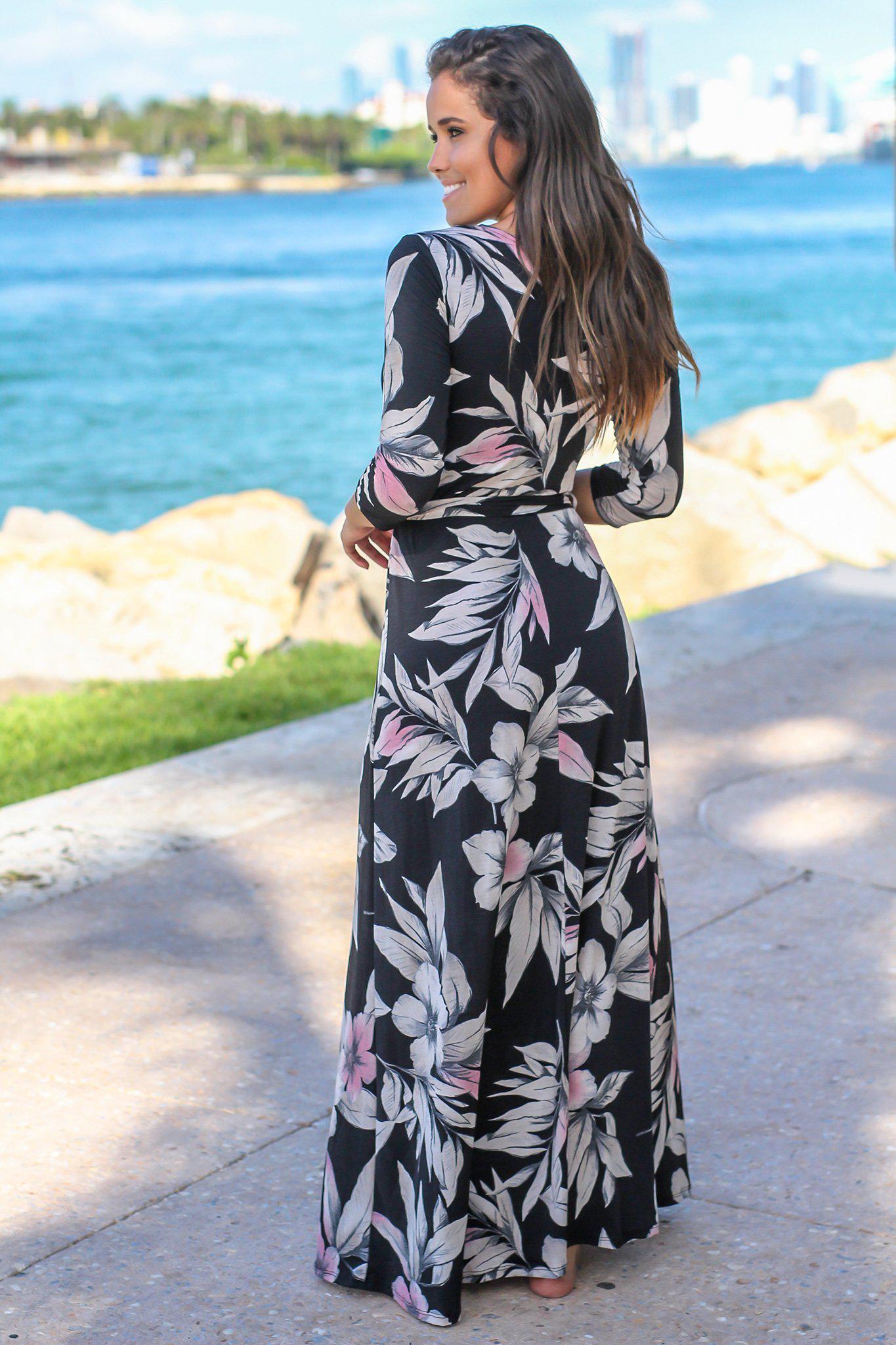 Stylish Women's Black Floral Wrap Design Maxi Dress with Three - Quarter Sleeves