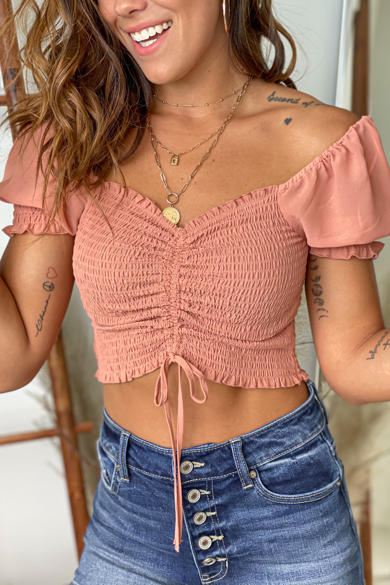 Adorable Clay-Colored Ruched Smocked Off-Shoulder Crop Top