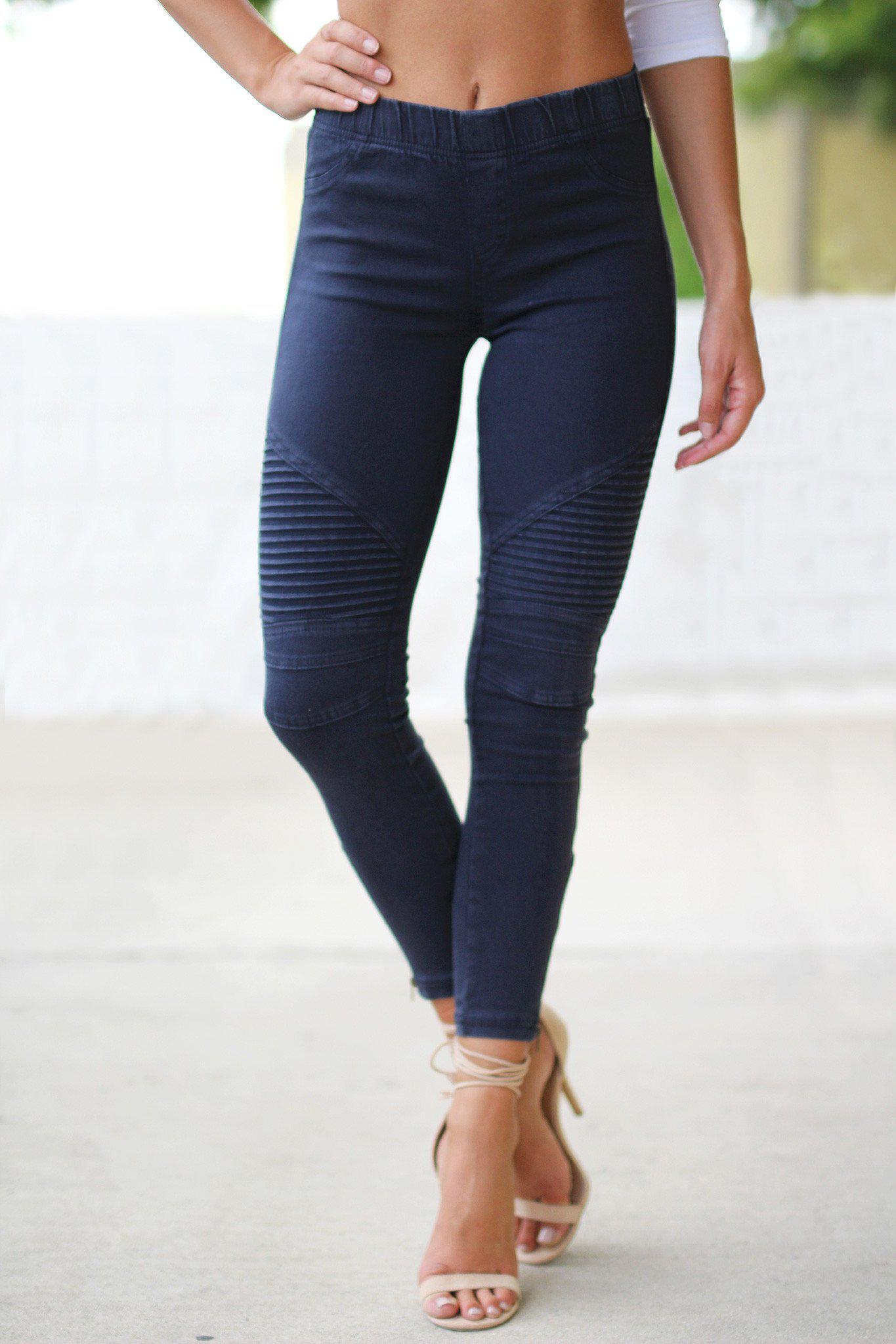 Stylish Midnight Blue Moto Jeggings Featuring Ankle Zippers
