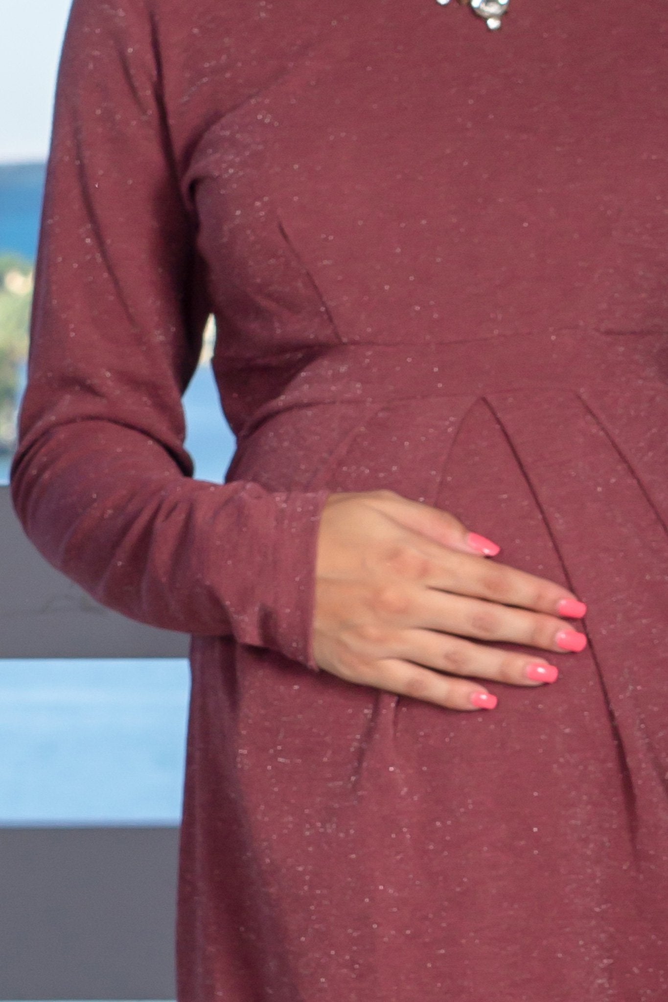 Gorgeous Mauve Shimmering Long - Sleeve Midi Maternity Dress