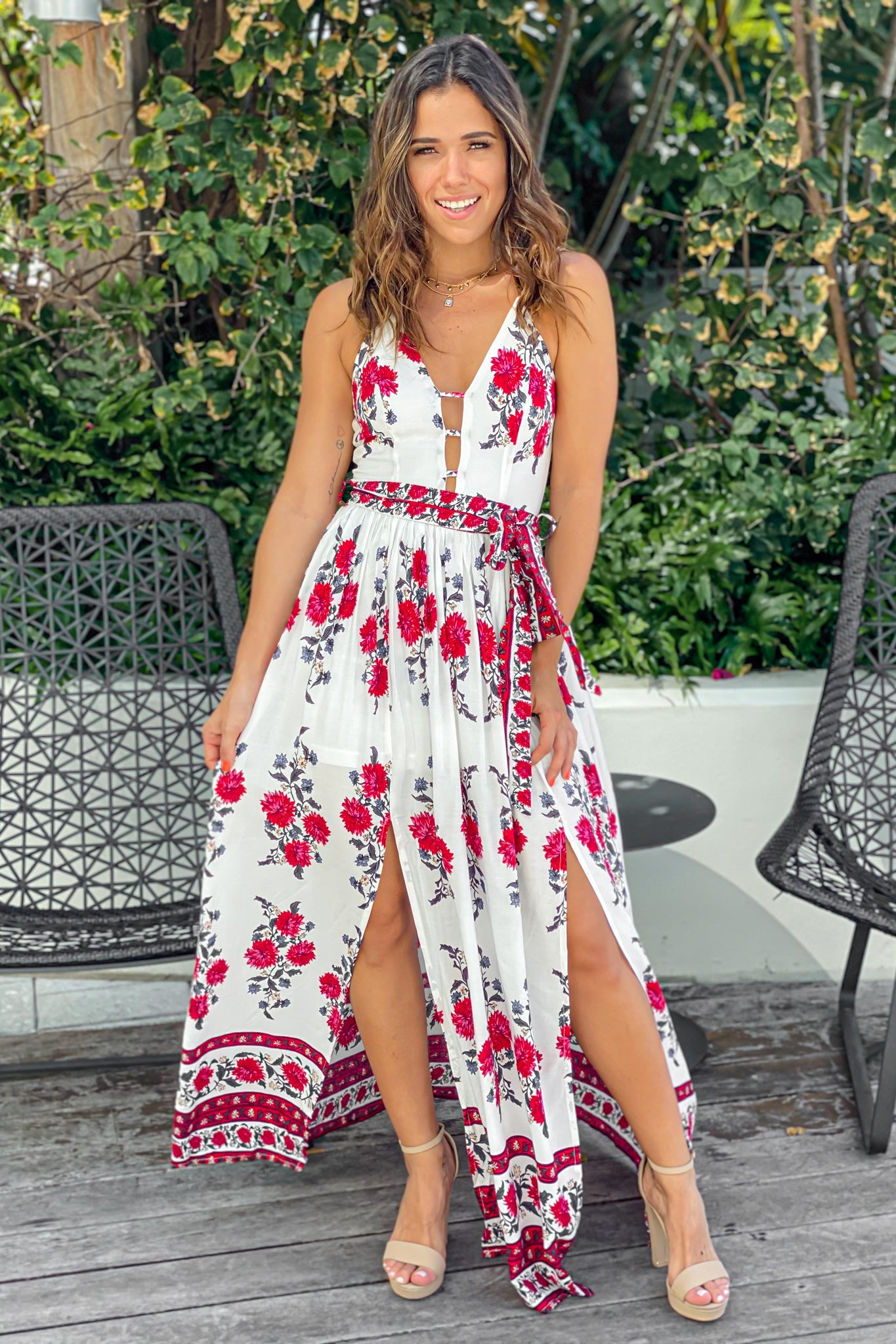 Stunning Ivory, Red and Gray Floral Print Women's Maxi Dress with Waist Self - Tie and Side Slits