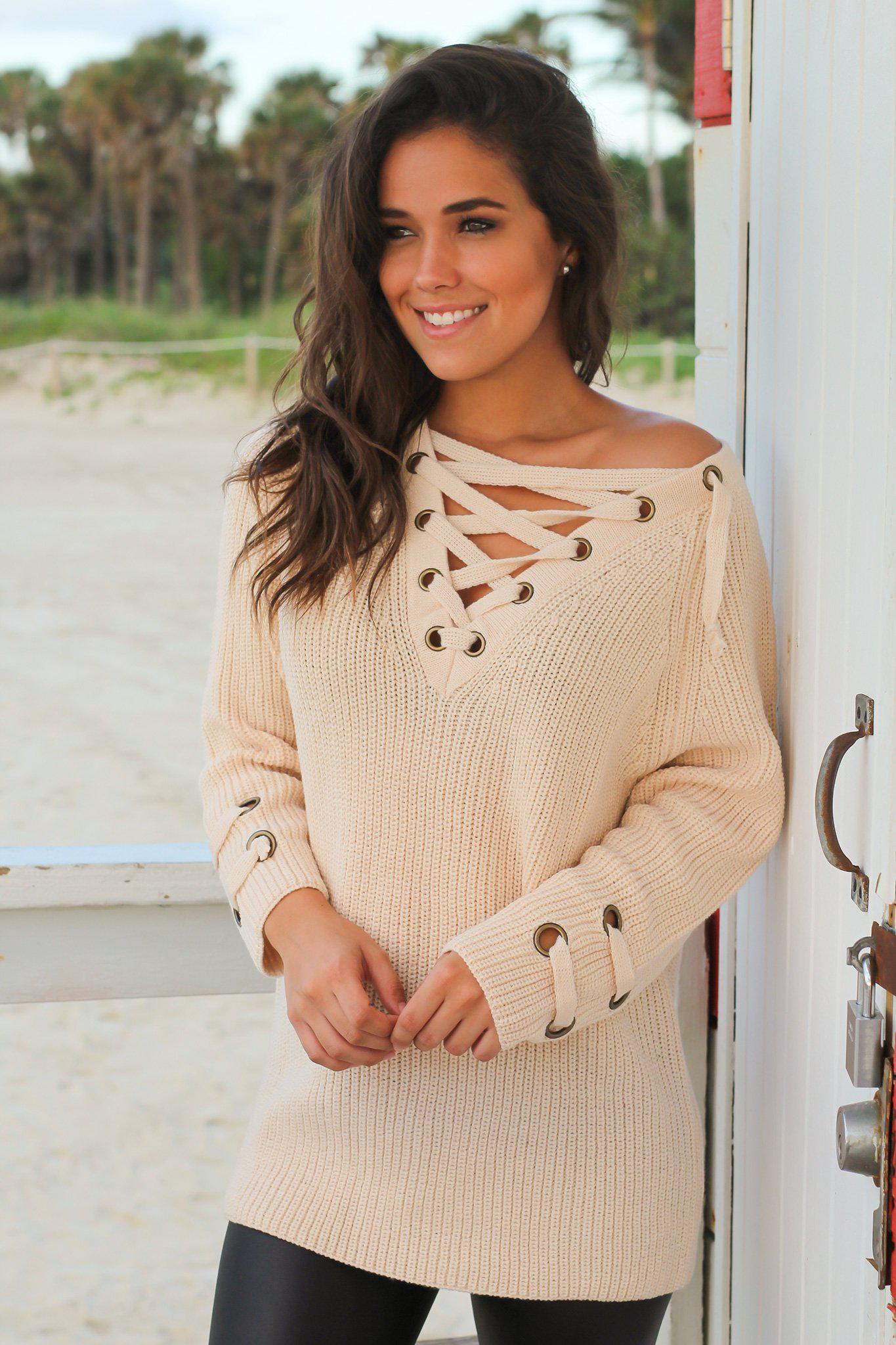 Stylish Cream-colored Knit Lace-up Women's Sweater for Fall and Winter