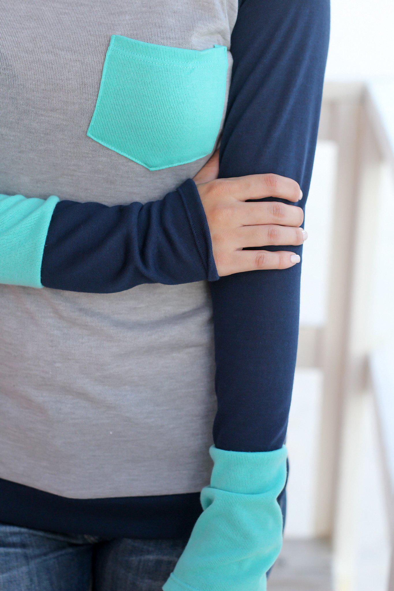 Stylish Mint, Navy and Gray Long Sleeve Color - Blocked Top