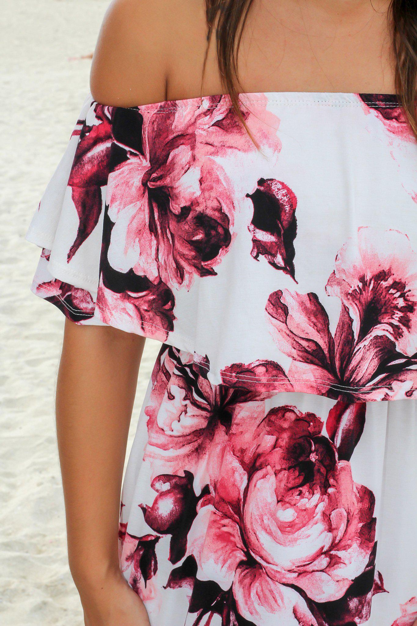 Stunning Ivory and Red Floral Off - Shoulder Long Maxi Dress