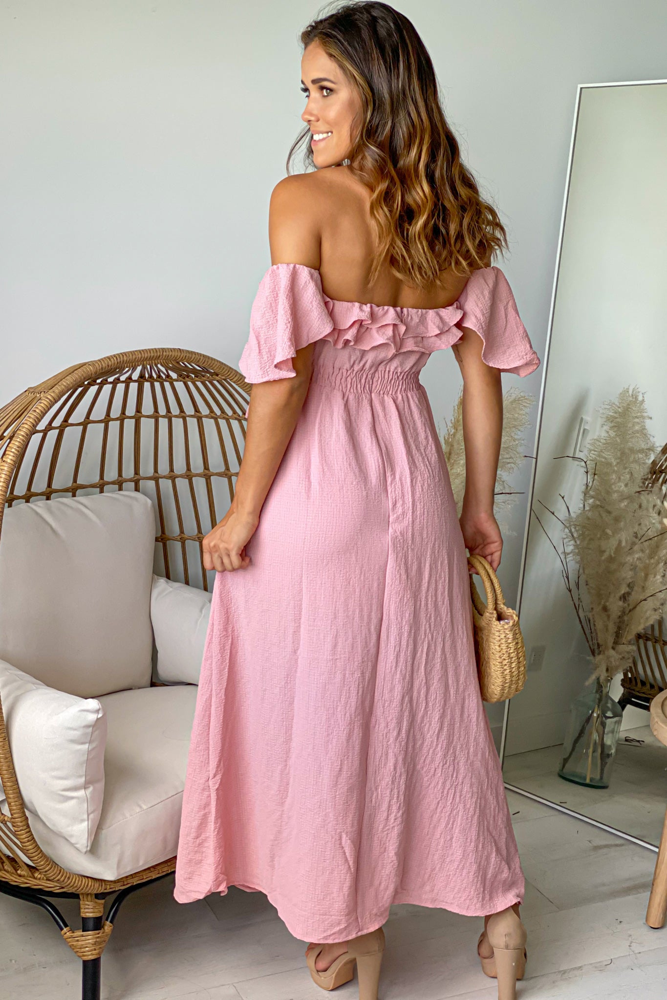 Stylish Mauve Off-Shoulder Ruffled Wrap Dress for Summer