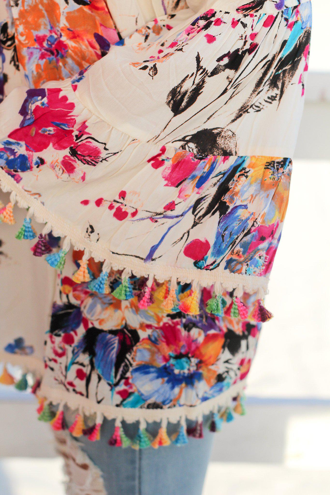 Charming Cream Floral Off-the-Shoulder Women's Blouse with Tassel Decorations