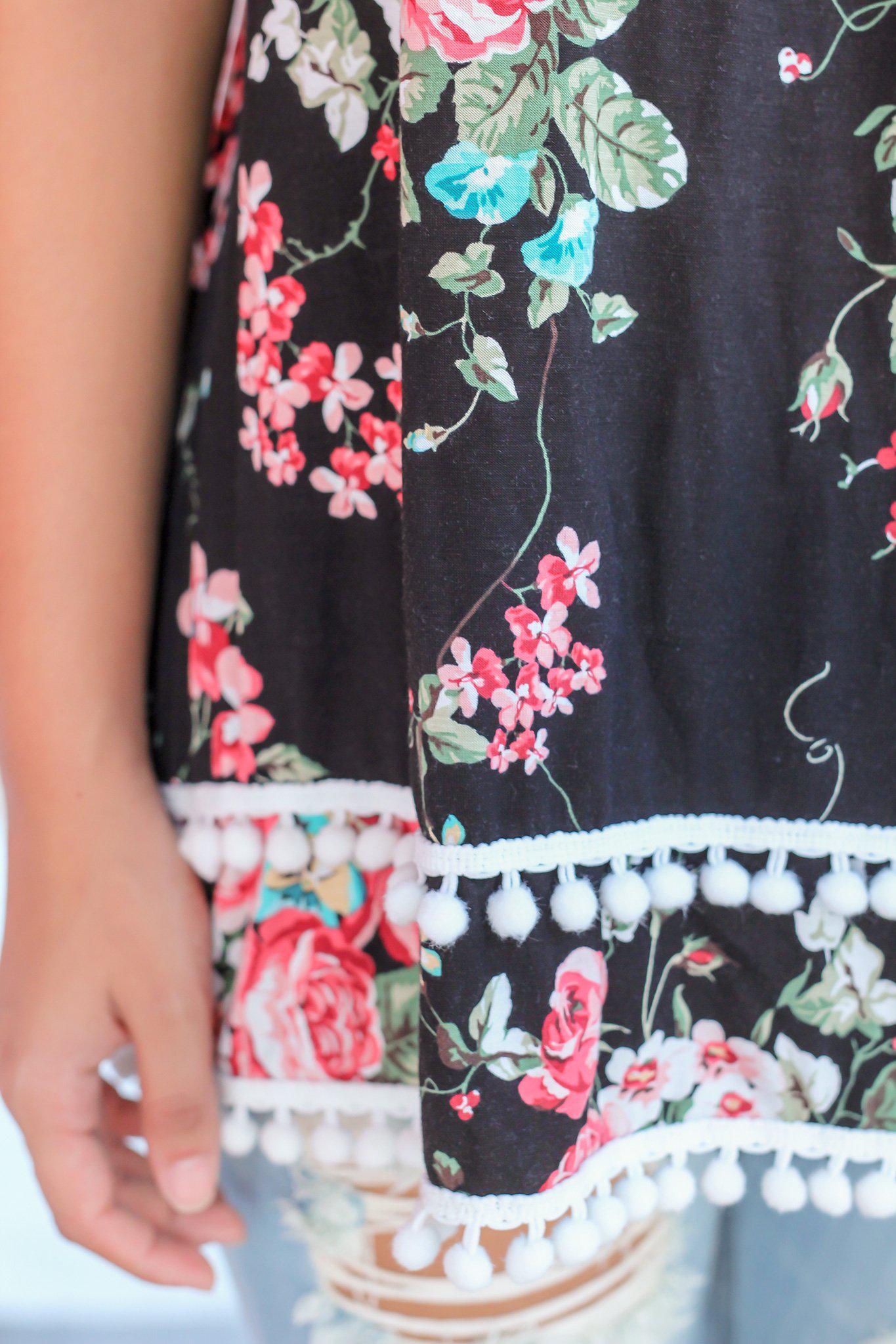 Stylish Black Floral Off-Shoulder Top with Adorable Pom Poms