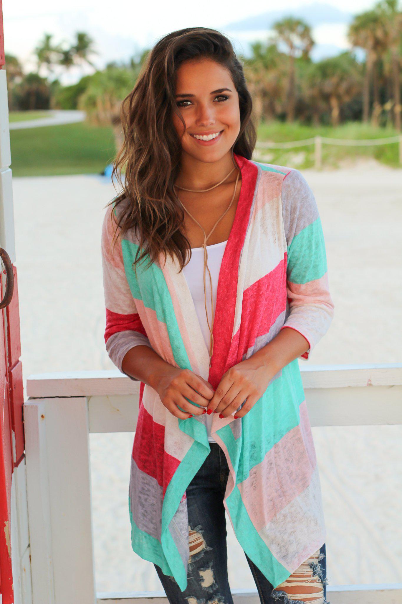 Stylish Mint and Coral Striped Open Cardigan for Adorable Look