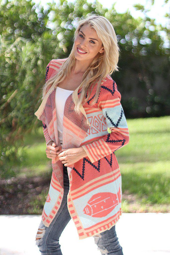 Stylish Coral and Mint Colored Long Women's Cardigan for Everyday Wear